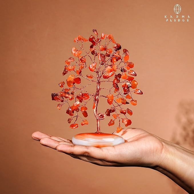 KARMAPLEDGE Crystal Tree of Life Home and Office Feng Shui Decor, Carnelian Healing Crystal Handmade Bonsai Tree for Positive Energy, Good Luck, Money, Christmas Decor, Birthday Gifts for Women, Mom