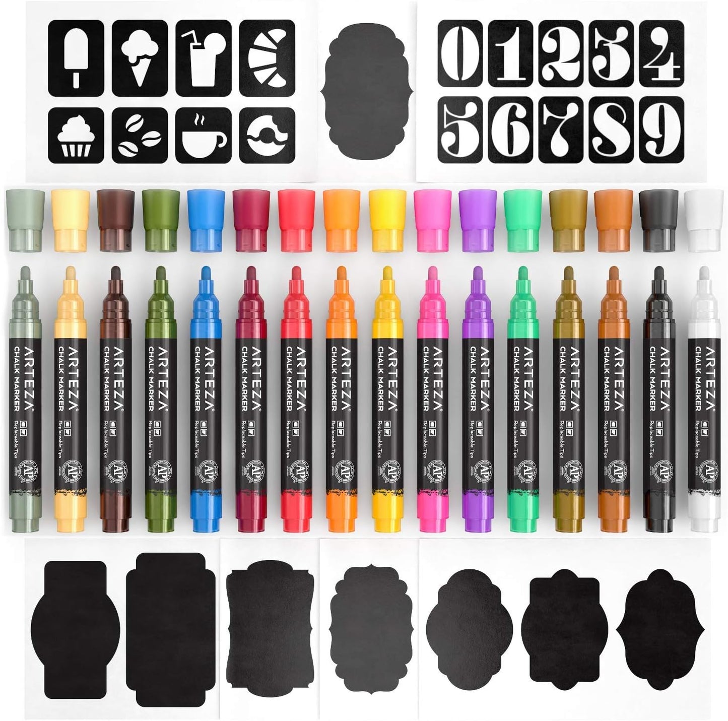 ARTEZA Pastel Liquid Chalk Markers, Set of 16, Tweezers, Labels, Stencils, Erasable, Water Based Pens for Chalkboards, Glass, Windows, and More