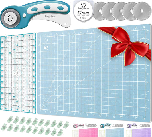 Rotary Cutter Set turquoise - Quilting Kit incl. 45mm Fabric Cutter, 5 Replacement Blades, A3 Cutting Mat, Acrylic Ruler and Craft Clips - Ideal for Crafting, Sewing, Patchworking, Crochet & Knitting