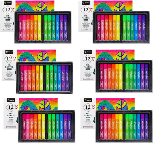 Artecho 72PCS Neon Oil Pastels Set of 12 Colors 6 Packs, Soft Oil Pastels for Art Painting, Drawing, Blending, Art Supplies for Artists, Beginners, Students, Teacher (10 x 70 mm)