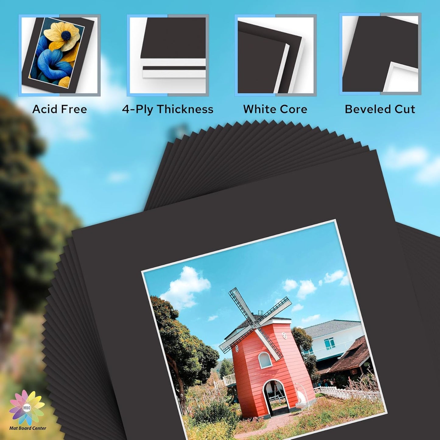 Mat Board Center, Pack of 25, 12x12 for 8x8 Black Mat Kit - Acid Free, 4-ply Thickness, White Core - Includes Backing Boards and Clear Bags - for Pictures, Photos, Framing