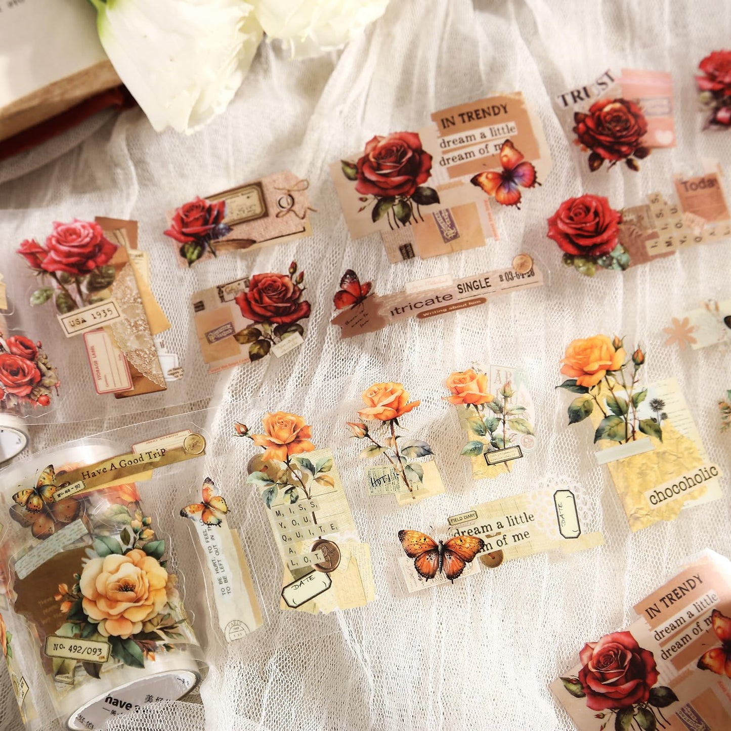 6Pcs Floral PET Tapes, Vintage Pre-Cut Tapes for Journaling, Scrapbooking, and Junk Journal Supplies, with Decorative Clip