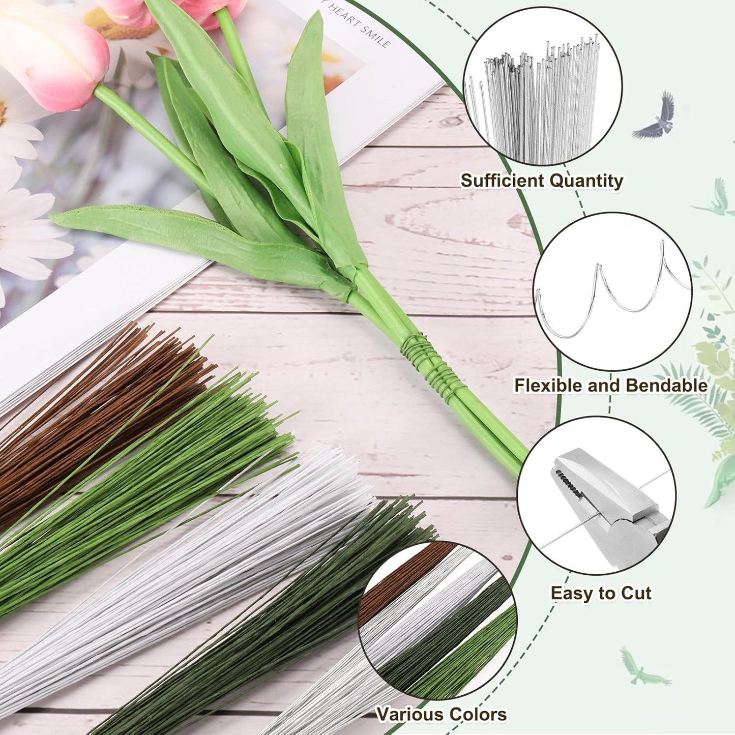 PATIKIL 32 Inch 22 Gauge Floral Stem Wire, 2 Pack/80 Pieces Bouquet Stem Paper Wrapped for DIY Crafts Flower Arrangements, Silver Tone