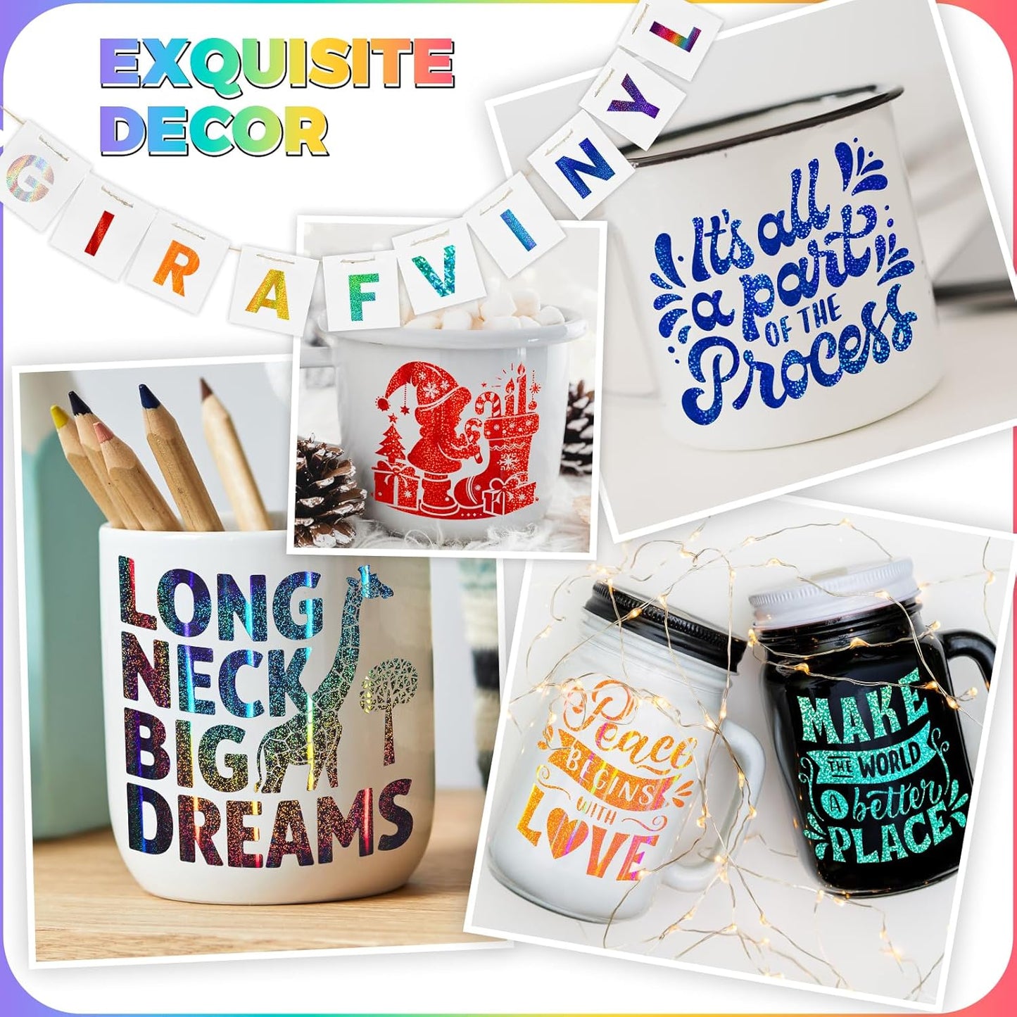 GIRAFVINYL Glitter Holographic Vinyl Bundle, Rainbow Holographic Permanent Vinyl 12" x 12" 17 Sheets Rainbow Glitter Vinyl Permanent for DIY Stickers, Signs, Cup, Home and Car Decorations