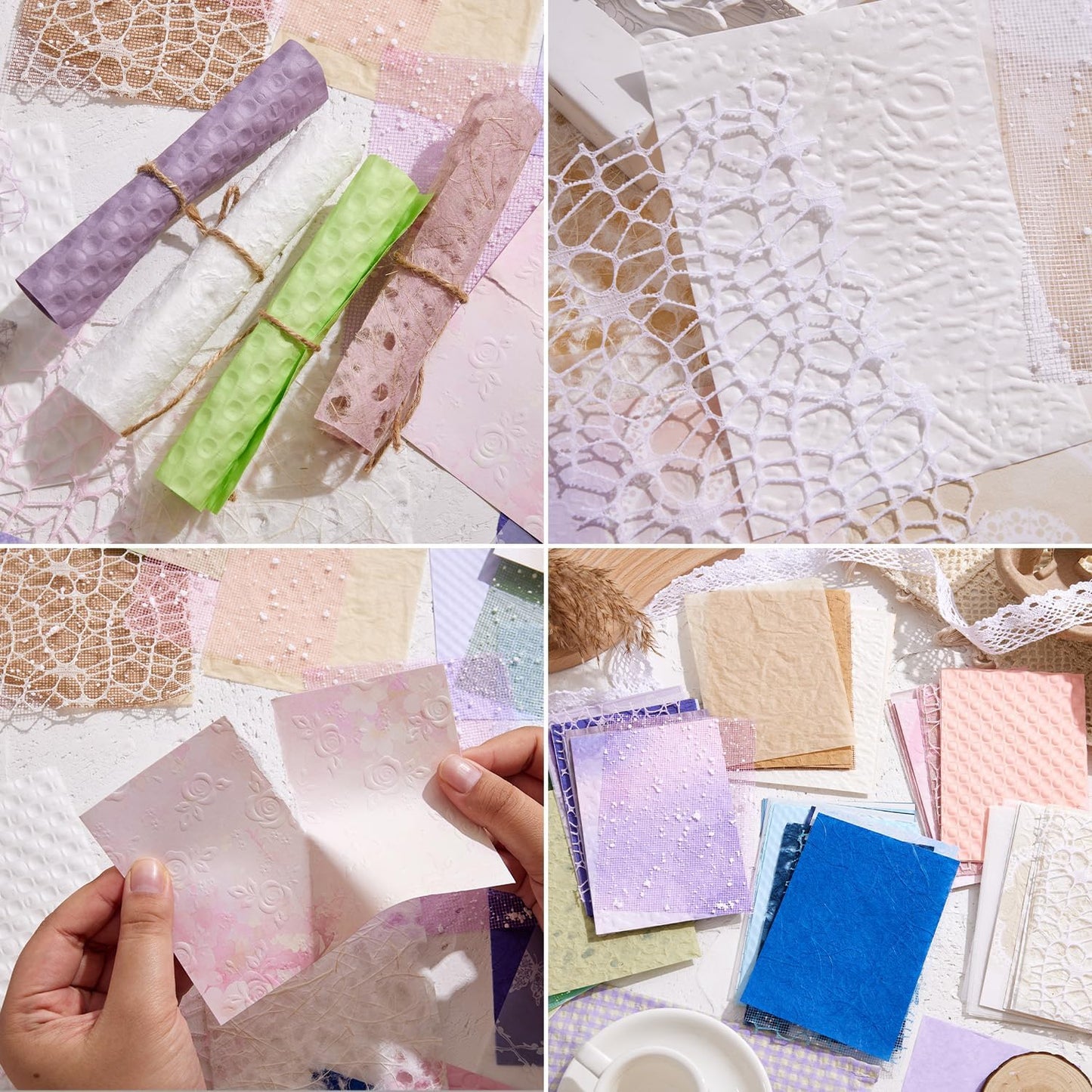 108 Sheets Textured Scrapbook Paper and Mesh Fabric Assorted Set - 6 Pack Mixed Special Paper for Scrapbooking Planner Bullet Junk Journal Supplies Mixed Collage Background 3.9x5.5 Inch