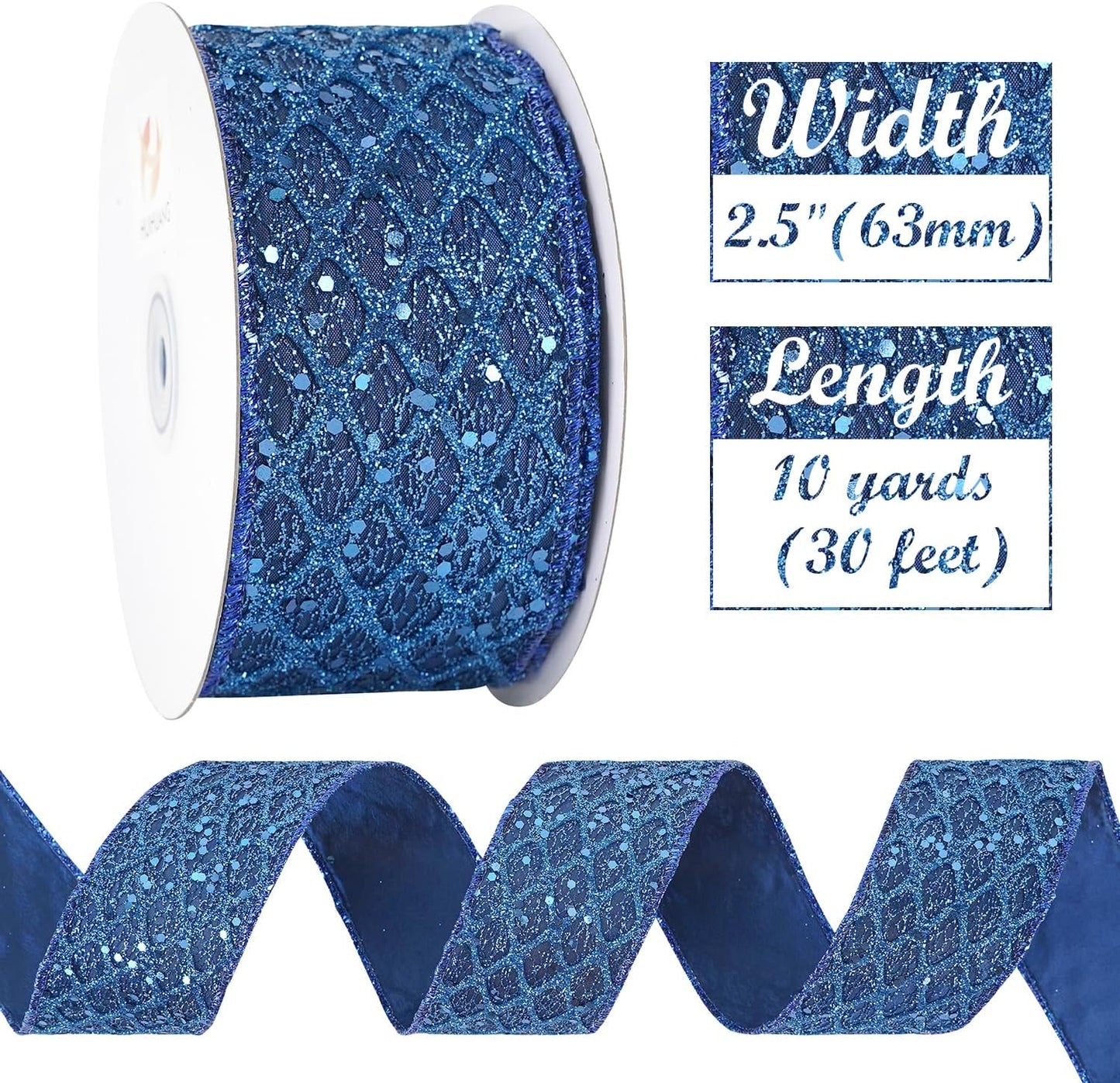 HUIHUANG Navy Blue Wired Ribbon 2.5 inch Glitter Diamond Mesh Wire Edge Ribbon for Christmas Tree, Wreaths, Garland, Gift Wrapping, Bows Making, Holiday Decor -10 Yards