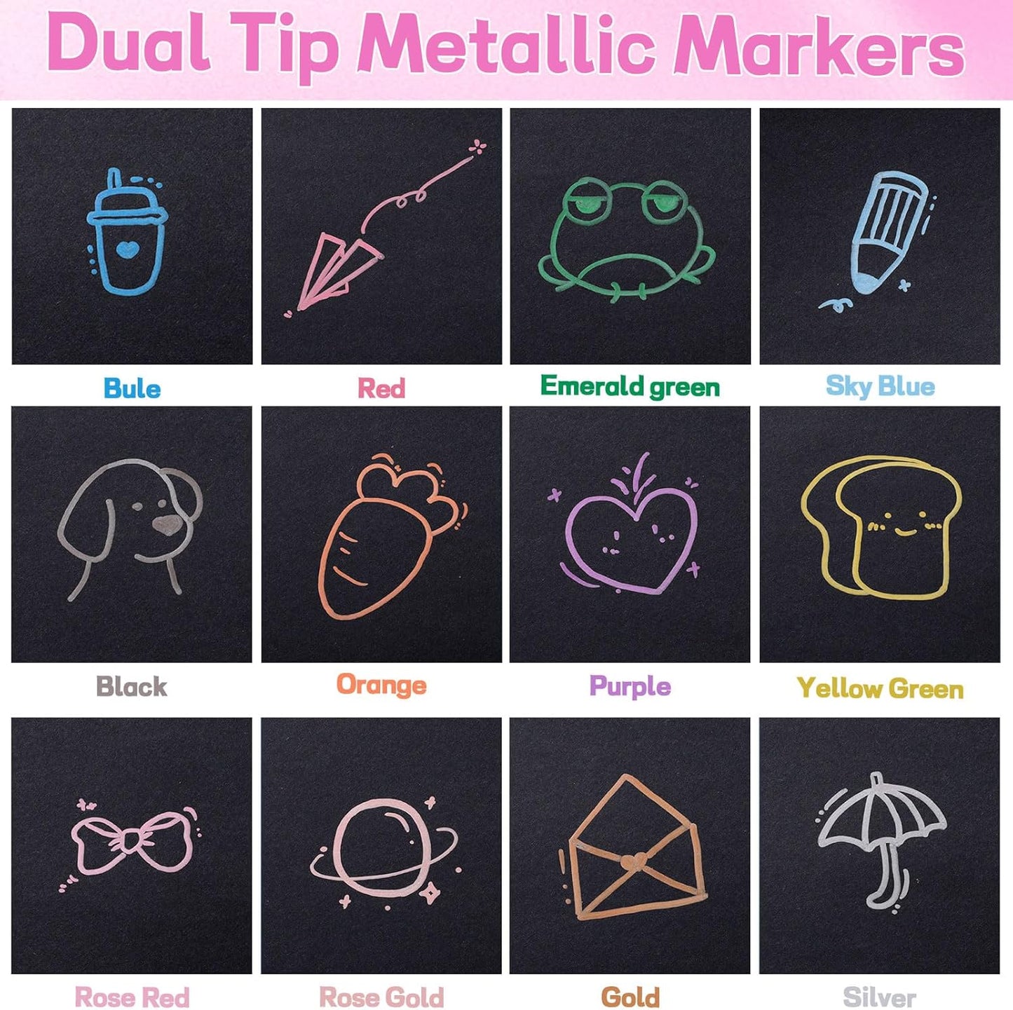 12 Pack Metallic Markers, Dual Tip Glitter Pens for Black Paper & Rock Painting Metallic Acrylic Paint Markers for DIY Crafts, Scrapbooking, Glass, Wood, Cards Alcohol Based Quick Dry Ink