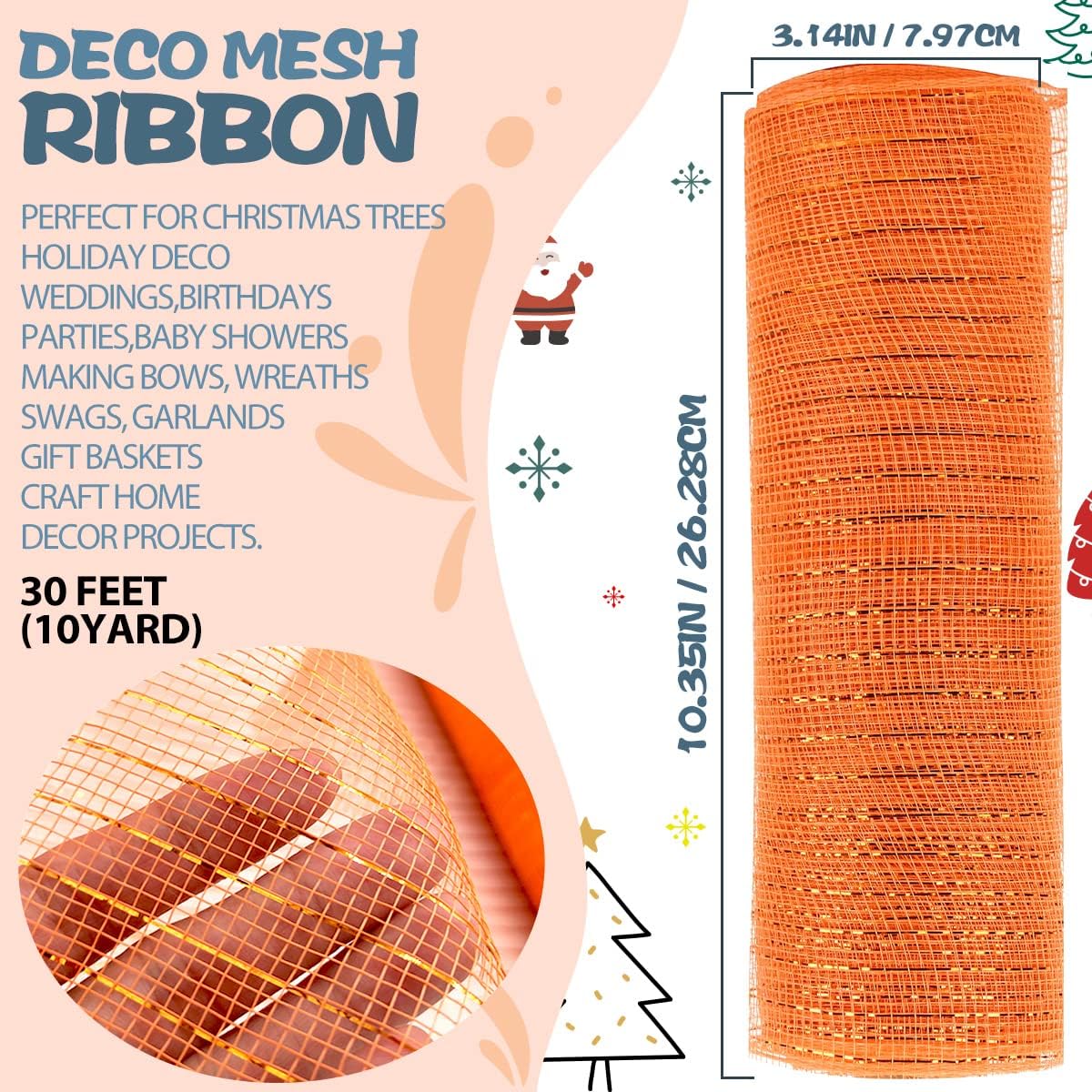 Anivia Deco Mesh Ribbon, 10inch x 30 Feet Each Roll Metallic Foil Mesh Ribbon for Wreaths Swags, Holloween, and Christmas Tree Decoration (Orange/Orange Foil)