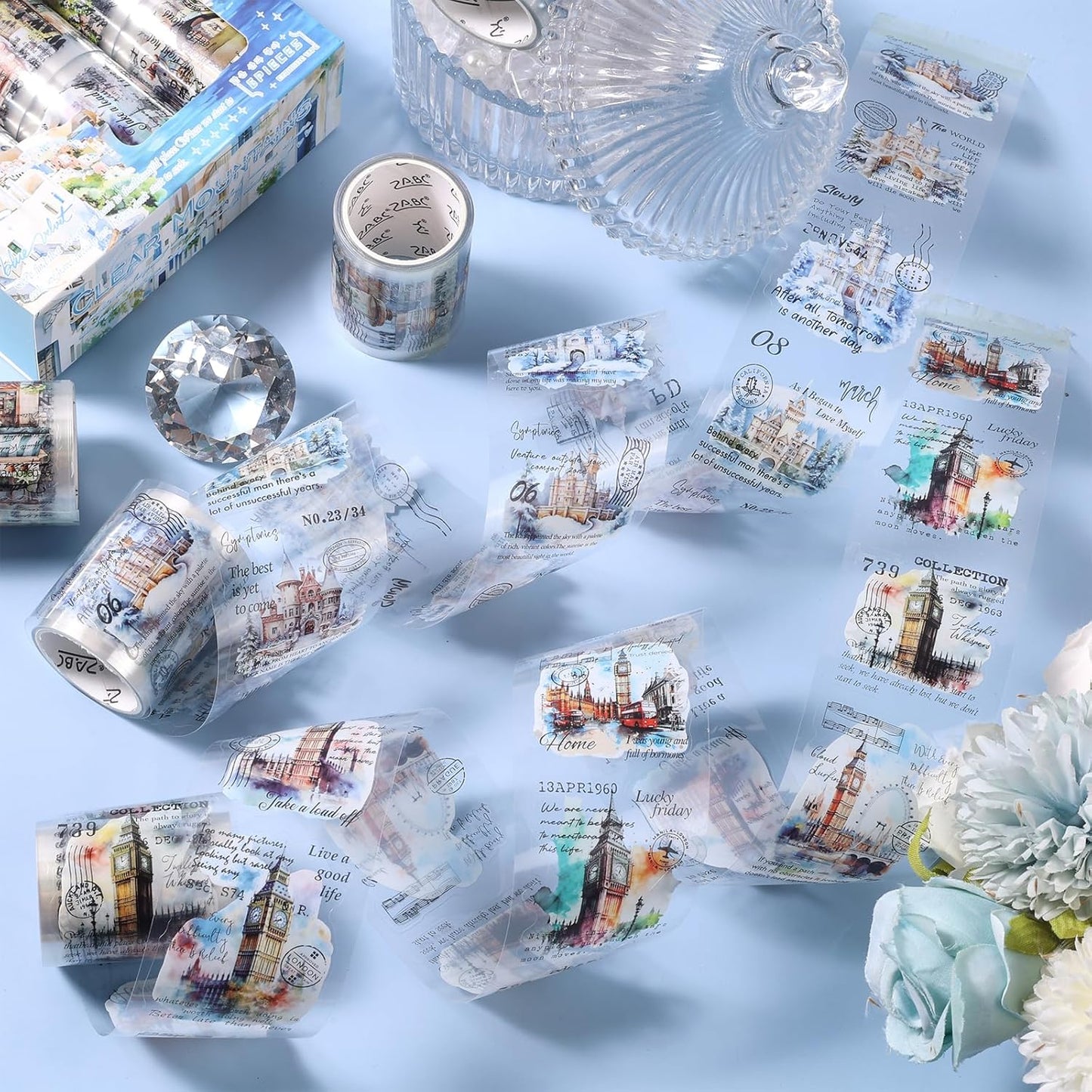 6 Rolls PET Tapes Set Pre Cut Tape Stickers City Stickers journaling Tape Transparent Sticker Books for Scrapbooking Scrapbook Tape Decorative