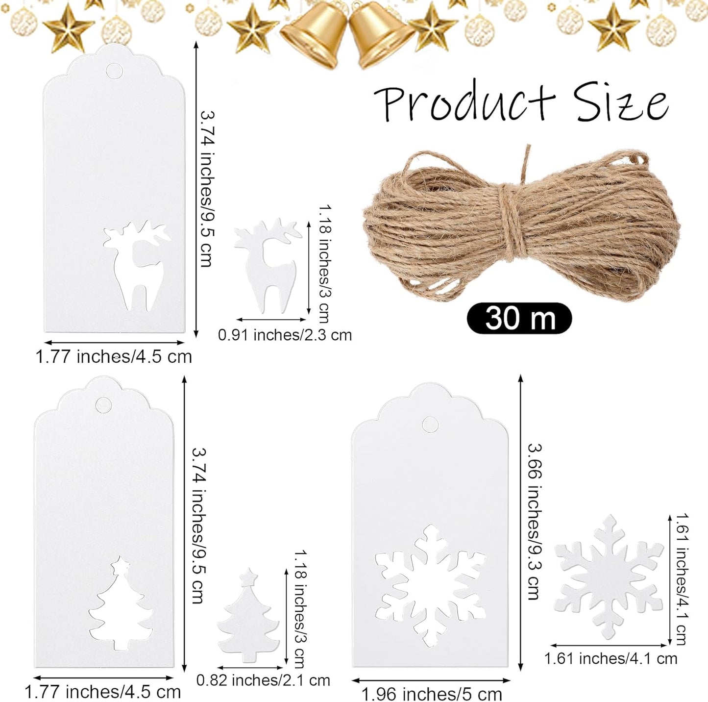 Aneco 150 Pieces Christmas Paper Gift Tags White Kraft Tags Hang Labels Christmas Tree Snowflake Reindeer Design with 30 Meters Jute Twine for Christmas DIY Wrapping Favor Holiday Present