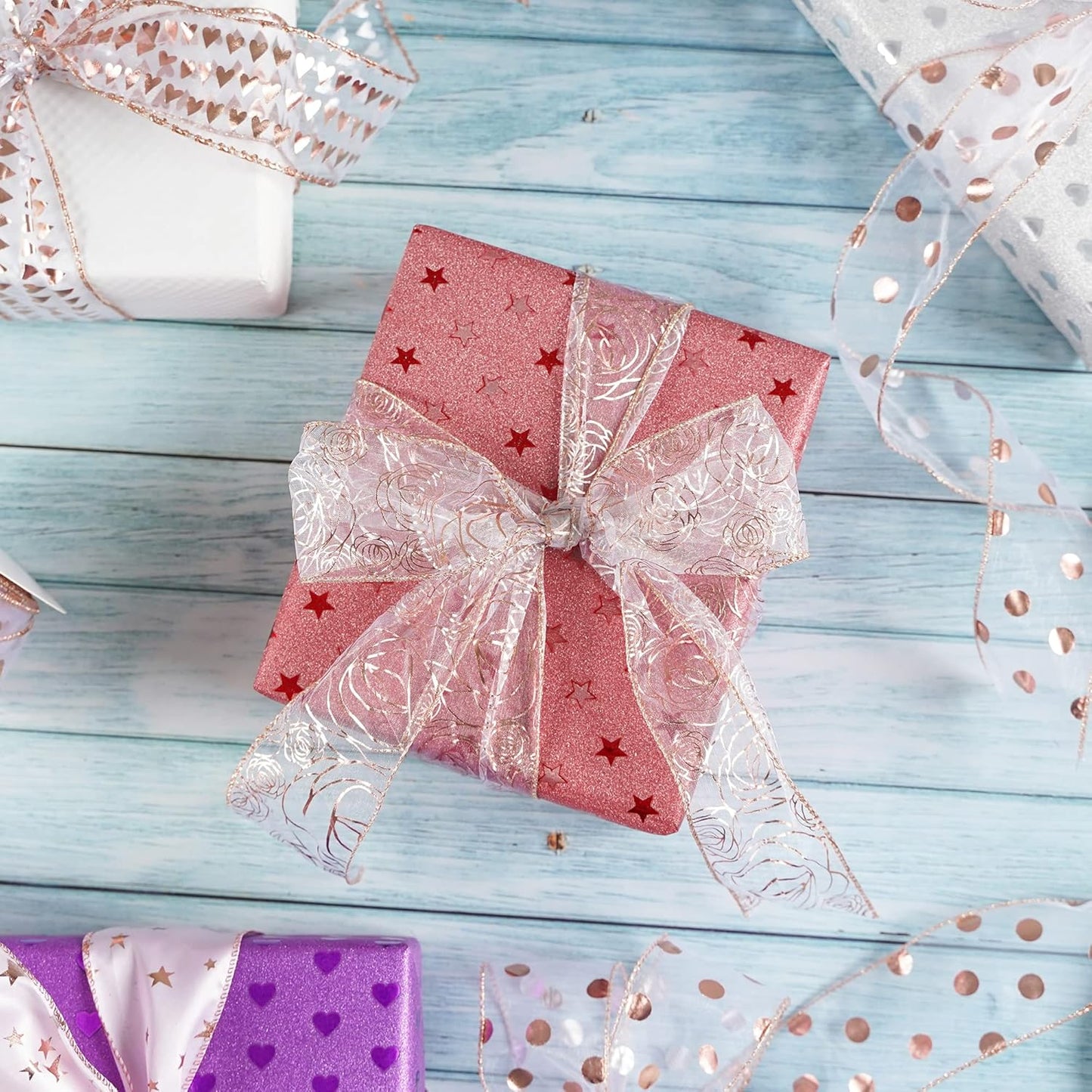 MEEDEE Floral Rose Wired 2.5 Inch Rose Gold Organza Sheer Ribbon, Wedding Bouquet Ribbon, 25 Yards Roll, Pink, For Crafts, Valentine Bow Making, Decor