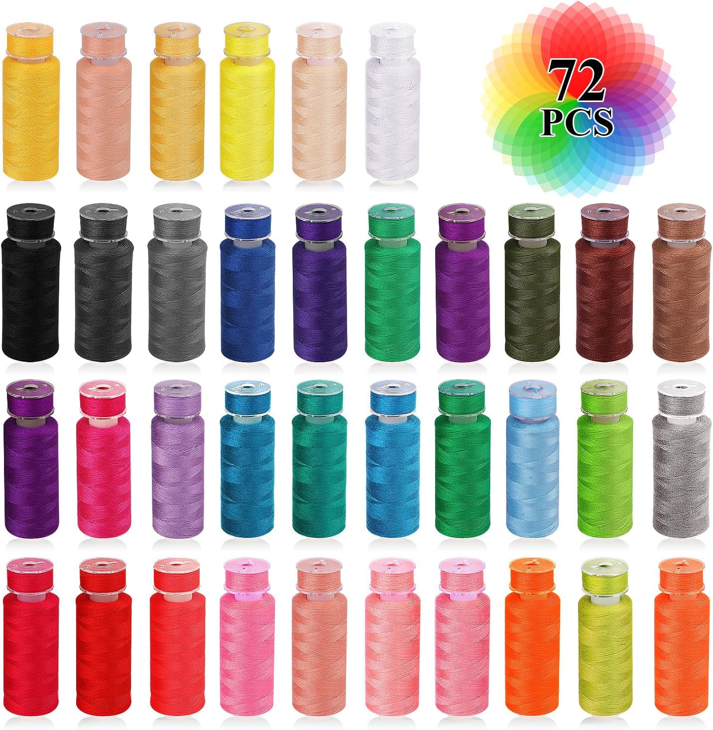 Auvitaya 72pcs Bobbins Sewing Thread Kits, 36 Colors 400 Yards per Spool Polyester Threads with Needles & Threader, Prewound Bobbin Set for Hand and Machine Sewing, DIY and Home