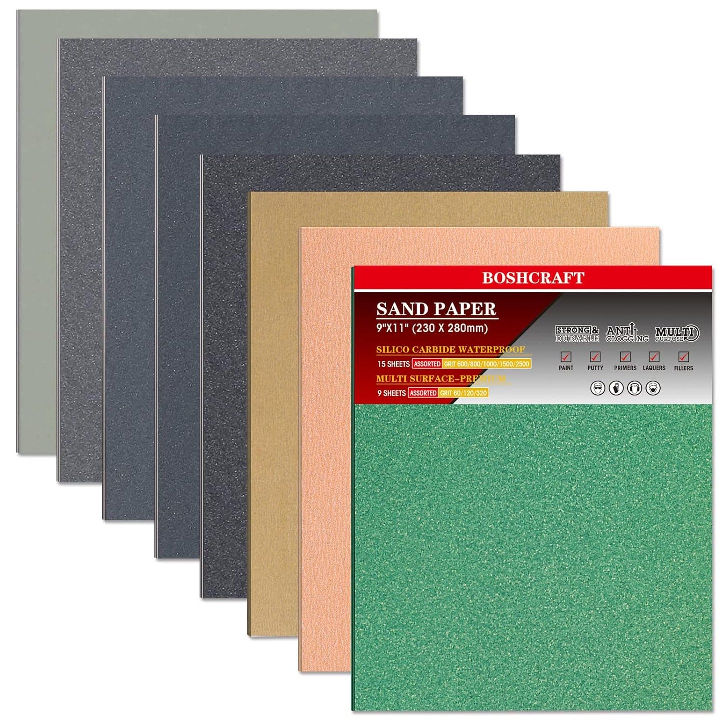 24 Pcs Sandpaper, Wet & Dry Sandpaper Assortment 60/120/320/600/800/1000/1500/2500 Grit Sand Paper for Wood Metal Automotive Drywall Plastic 9 × 11 inch Sandpaper Sheets