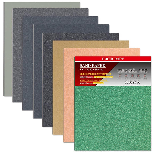 24 Pcs Sandpaper, Wet & Dry Sandpaper Assortment 60/120/320/600/800/1000/1500/2500 Grit Sand Paper for Wood Metal Automotive Drywall Plastic 9 × 11 inch Sandpaper Sheets
