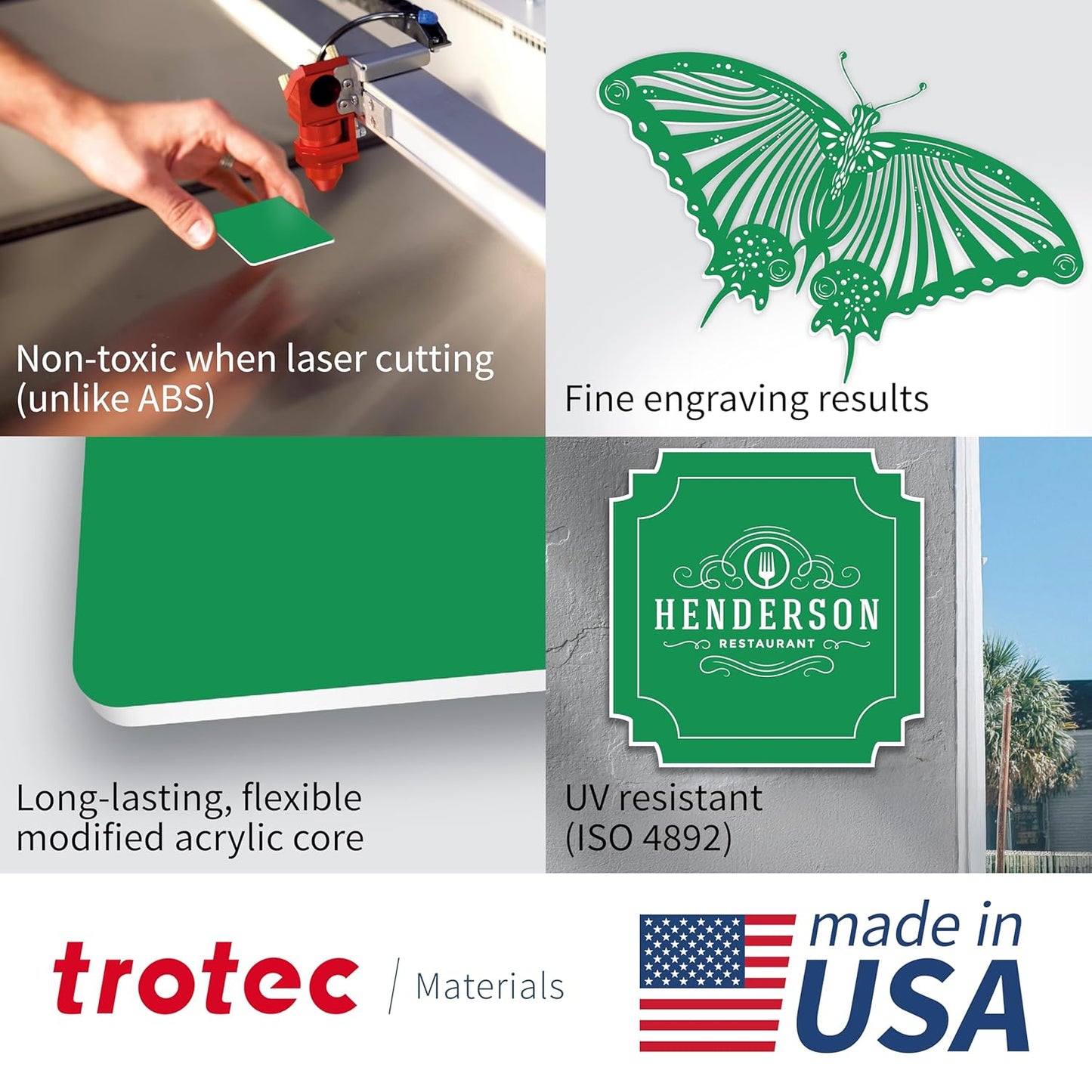 Trotec TroLase | 12"x24"x1/16", 4 Pcs | Bright Green/White | 2 Ply | Modified Acrylic | Laser Engraving Double Color Plastic Sheet | Engraving Blanks for Laser, Saw, Guillotine | Made in USA