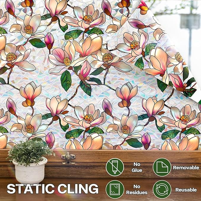 Floral Window Privacy Films, Stained Glass Rainbow Window Sticker Decor, UV Blocking Removable Static Cling Film for Bathroom Living Room Bedroom Sunroof, 17 x 39.37 Inch