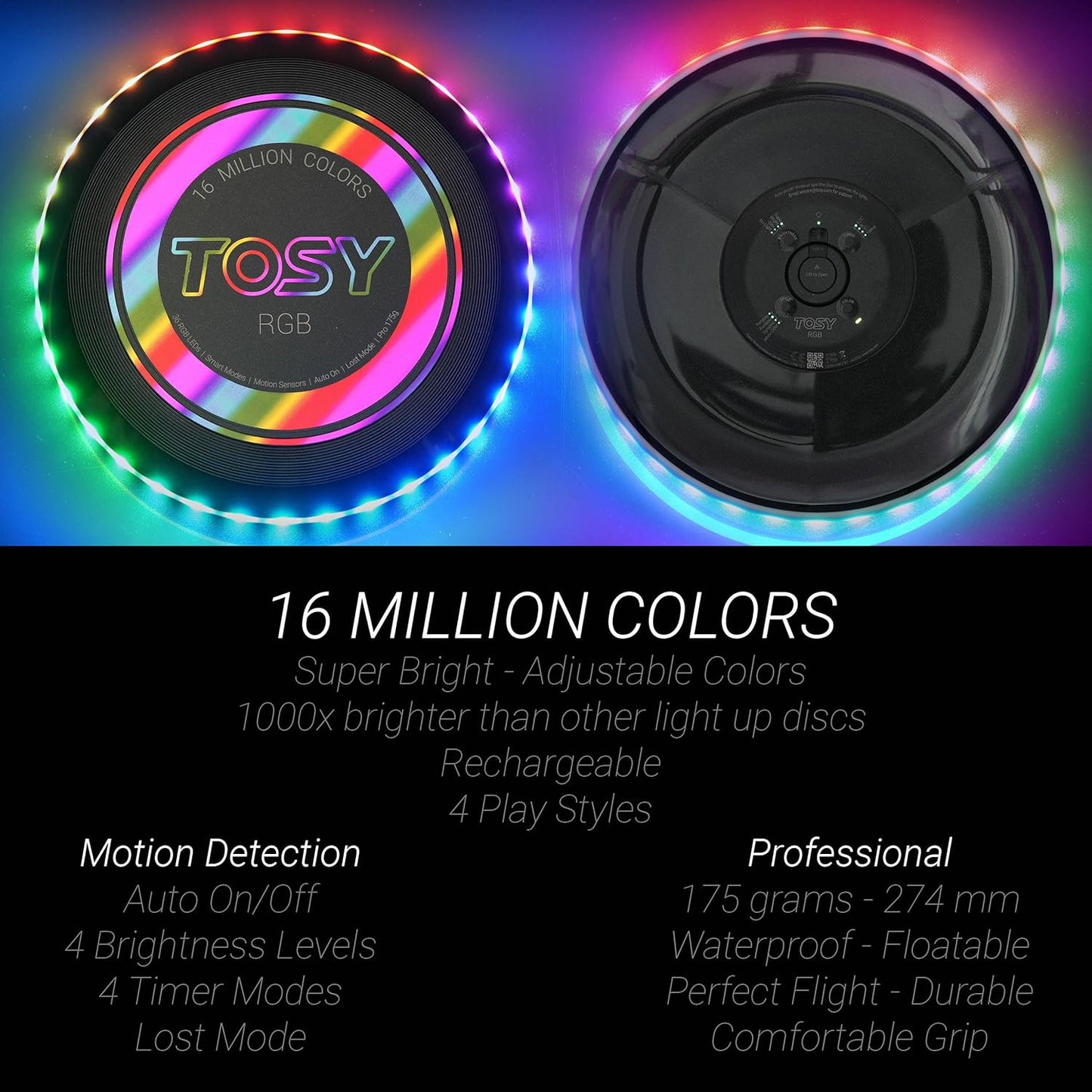TOSY Flying Disc - 16 Million Colors RGB or 36 LEDs, Extremely Bright, Smart Modes, Camping Essentials for Teens/Kids/Adults/Men/Boys/Girls, Auto Light Up, Rechargeable, Waterproof, 175g