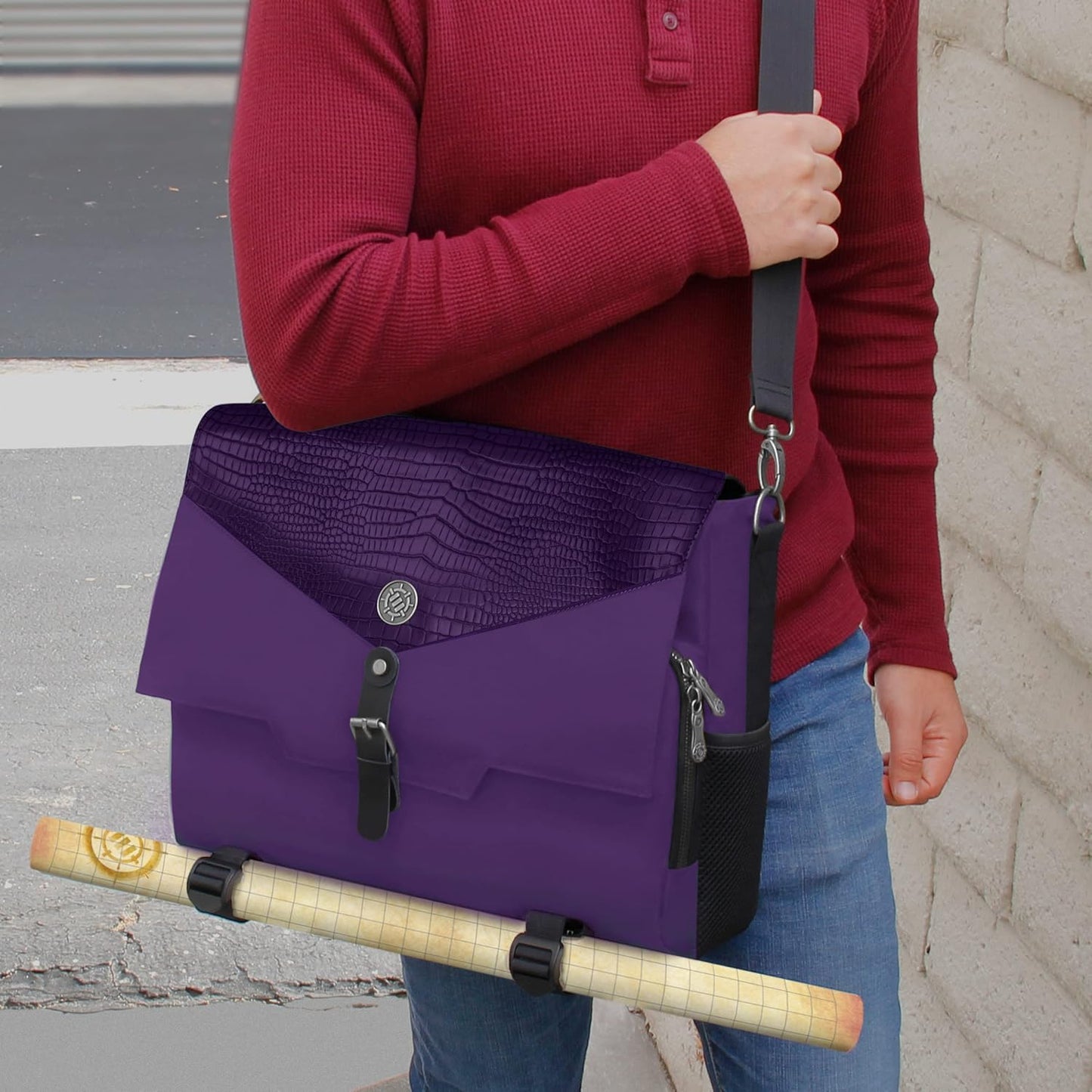 ENHANCE Collector's Edition RPG Player's Essentials DnD Bag - Dragon Hide Exterior Messenger Bag Fits 2-4 Books, Binders, Dice & Accessories, with 17 inch Laptop Slot, Battlemap Straps (Dragon Purple)