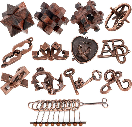 13 Pcs Brain Teaser Puzzles for Adults Teens - Metal Puzzles 3D Puzzle Game Toys for Adults Teens - Wooden Unlock Interlocking Puzzle Adult IQ Education Smart Toys