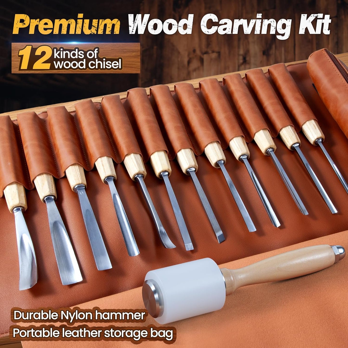 Wood Carving Tools, Wood Carving Kit of 12 Chisels, 1 Nylon Hammer & Leather Bag, CR-V Wood Chisel Set Whittling Kinves Kit, Carving Knife Set for Beginners, Carpenters