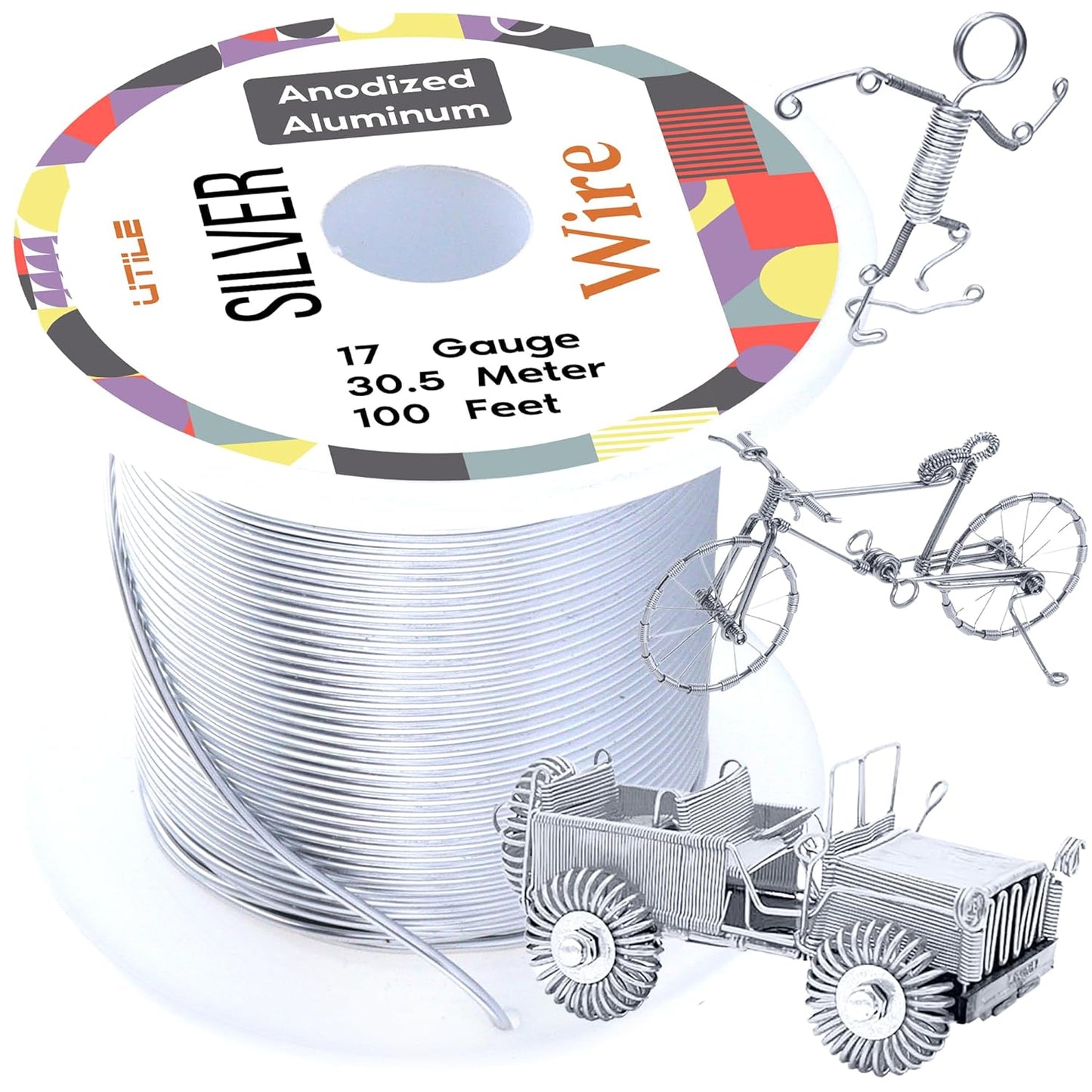 UTILE Armature Aluminum Wire 100 ft 17 Gauge 1.4 mm Anodized Craft Bendable Wire – Sculpting Metal Silver for Bonsai Trees, Clay, Crafts, Plants, Gardening, Beading and Jewelry Making (Silver)