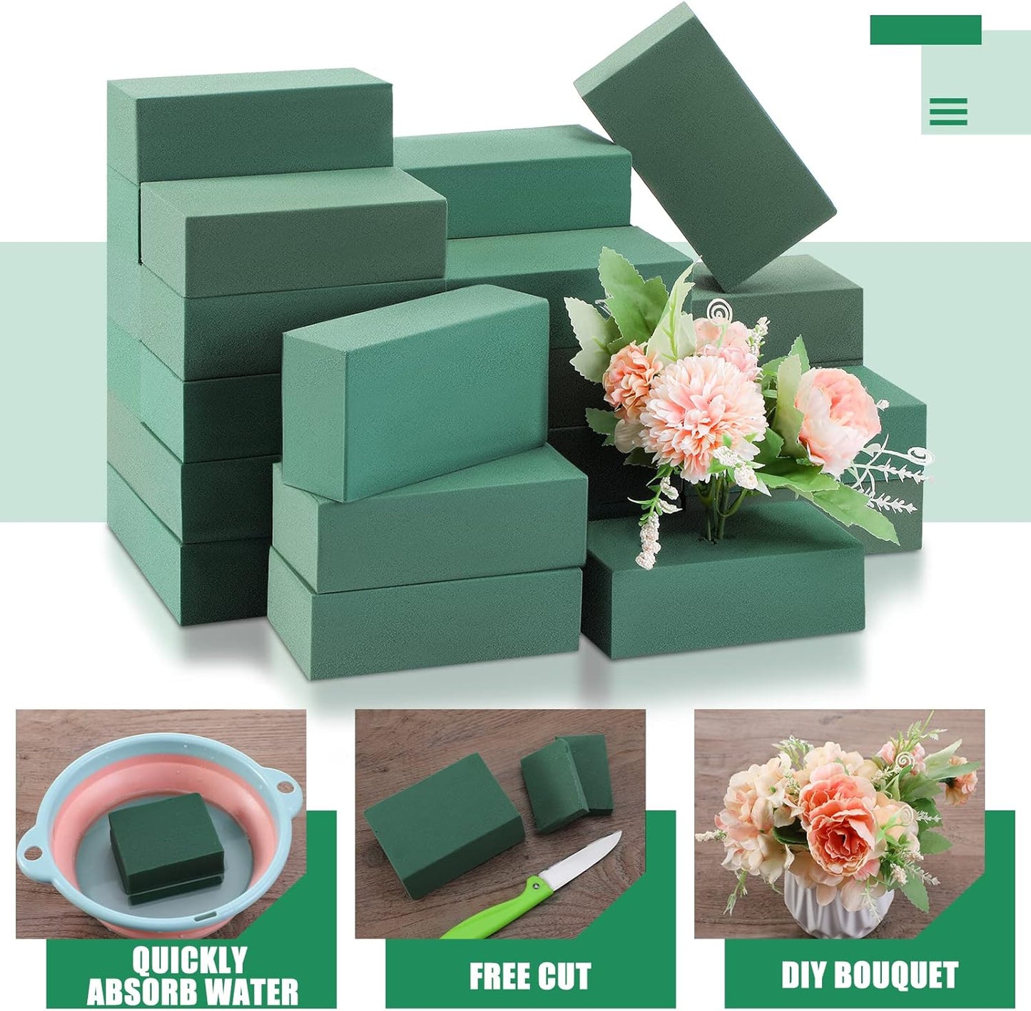 Marsui 30Pcs Floral Foam Blocks Dry and Wet Florist Foam Brick Flower Arrangements Supplies for Fresh and Artificial Flowers Craft Plant Filler Decoration, Green(3.2 x 5.5 x 1.8 Inch)