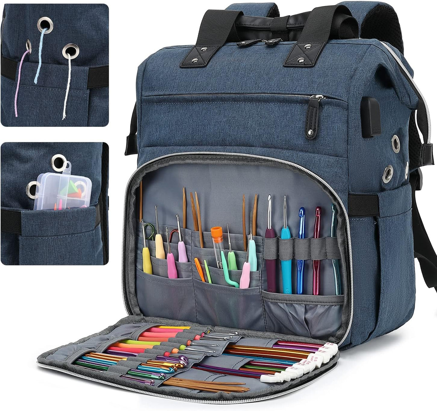 Crochet Backpack,Knitting Bag Backpack Yarn Storage Organizer Travel Crochet Bag with USB Charging Port,Large Yarn Tote Bag Yarn Holder Case for Knitting Needles,Crochet Hooks,Crochet Accessories,Blue