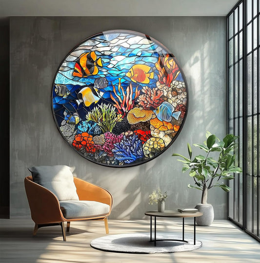 My Photostation.com 24''(60cm) Diameter Coral Reef Mosaic Round Glass Wall Art Tempered Glass Printing Wall Decor Large Wall Art Wall Hangings