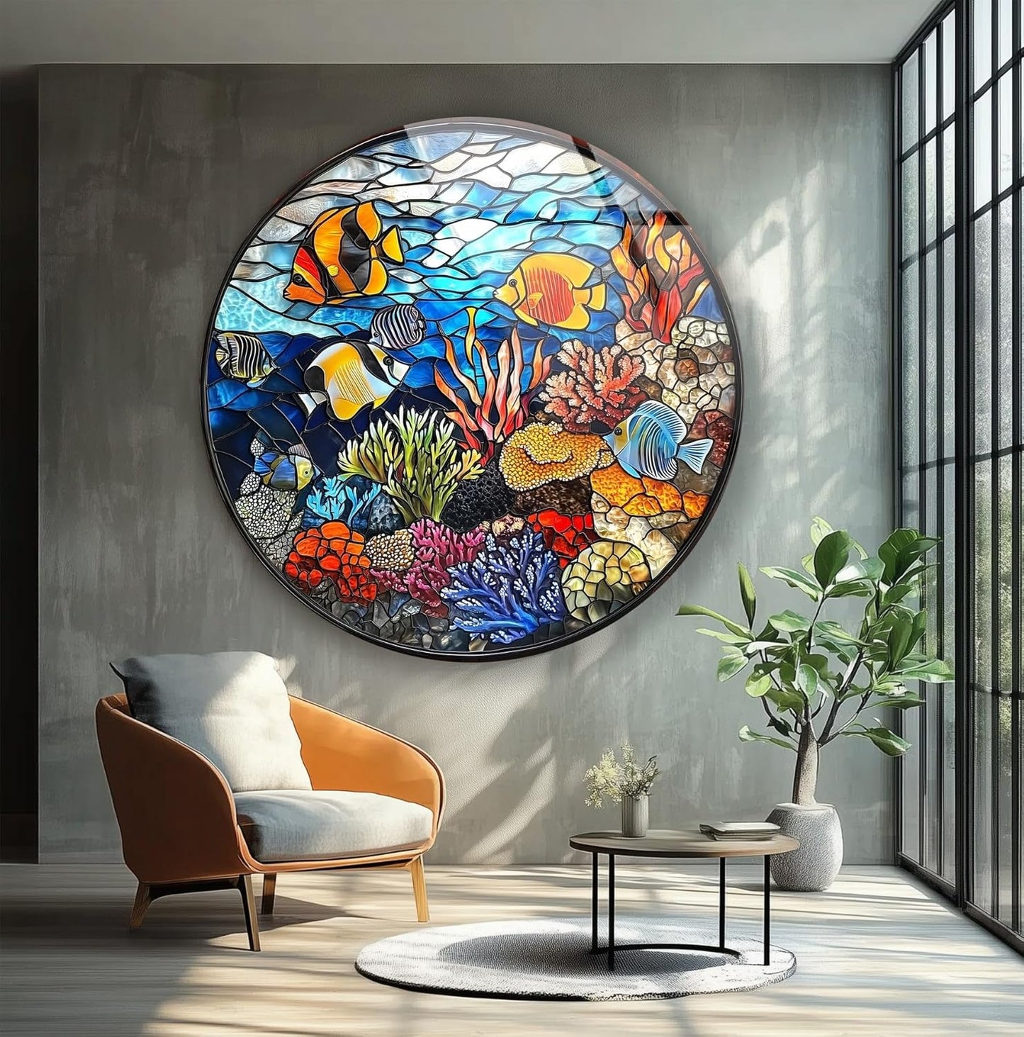 My Photostation.com 20''(50cm) Diameter Coral Reef Mosaic Round Glass Wall Art Tempered Glass Printing Wall Decor Large Wall Art Wall Hangings