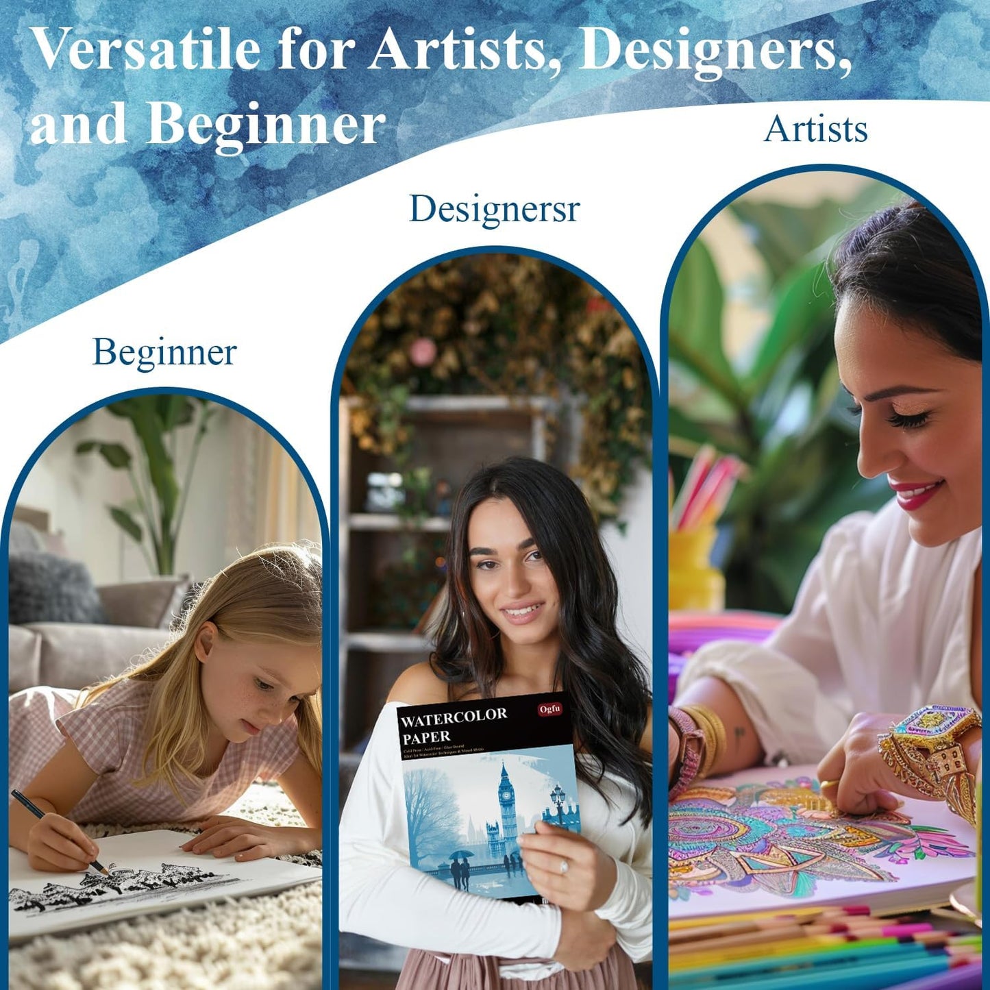 Watercolor Paper Pad, Watercolor Pad 9x12”, 300 GSM/ 140 lb Water Color Paper, 16 Sheets Cold Press - Painting, Drawing & Art Supplies for Adults & Kids, Watercolor Sketchbook for Wet & Dry Media.