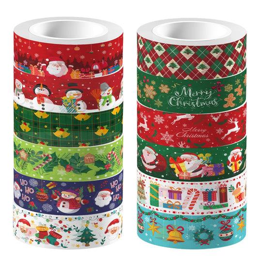 12 Pcs Christmas Washi Tape Merry Christmas Print Masking Tape Christmas Tree Snowman Santa Claus Pattern Decorative Paper Sticker for Christmas Party Holiday Scrapbook Handbook Sticker