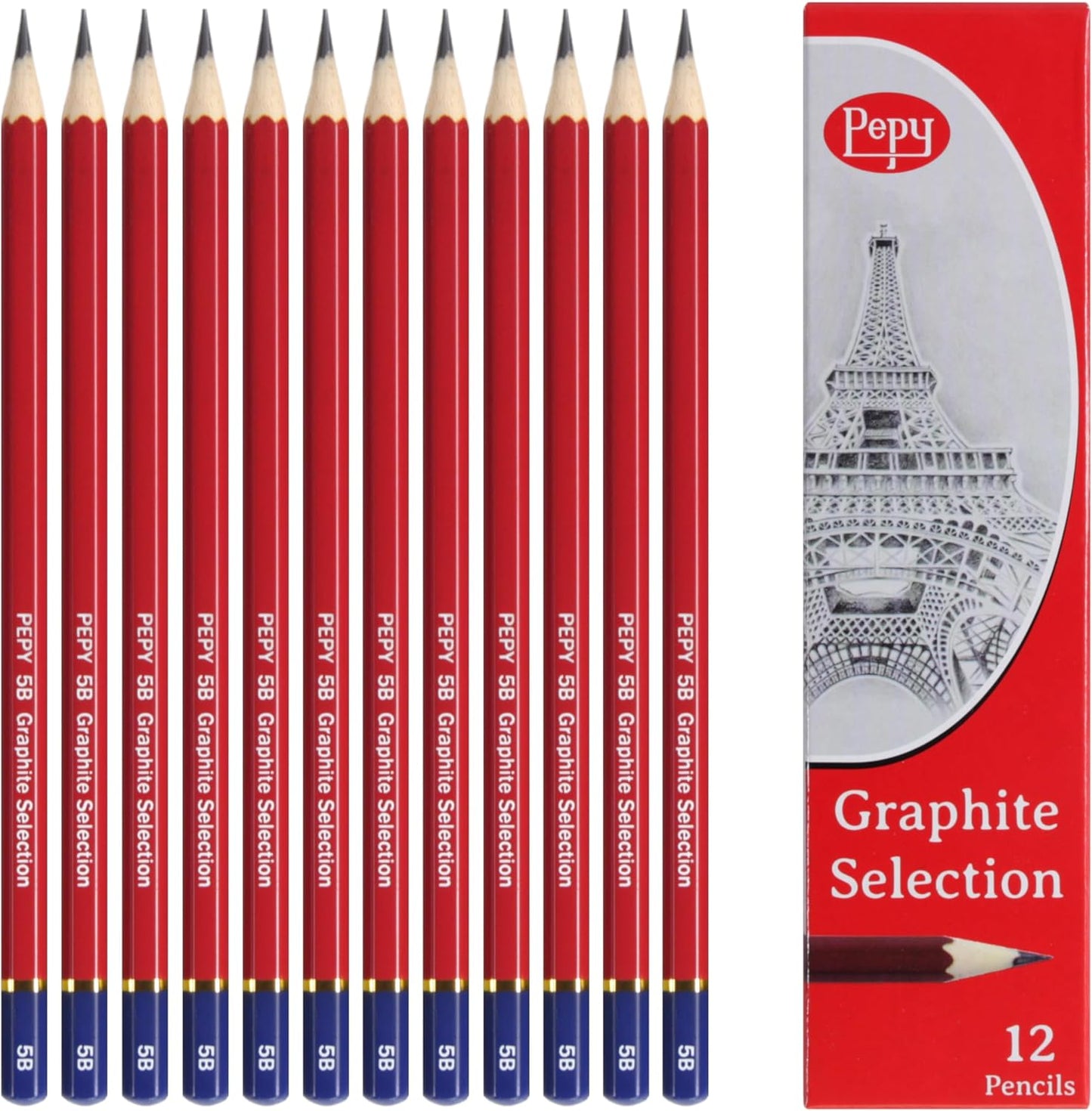 Pepy Graphite Professional Drawing Pencils - Set of 12 5B Pre-Sharpened Black Lead Pencils; Perfect for Drawing, Sketching and Shading, Graphic and Fine Art
