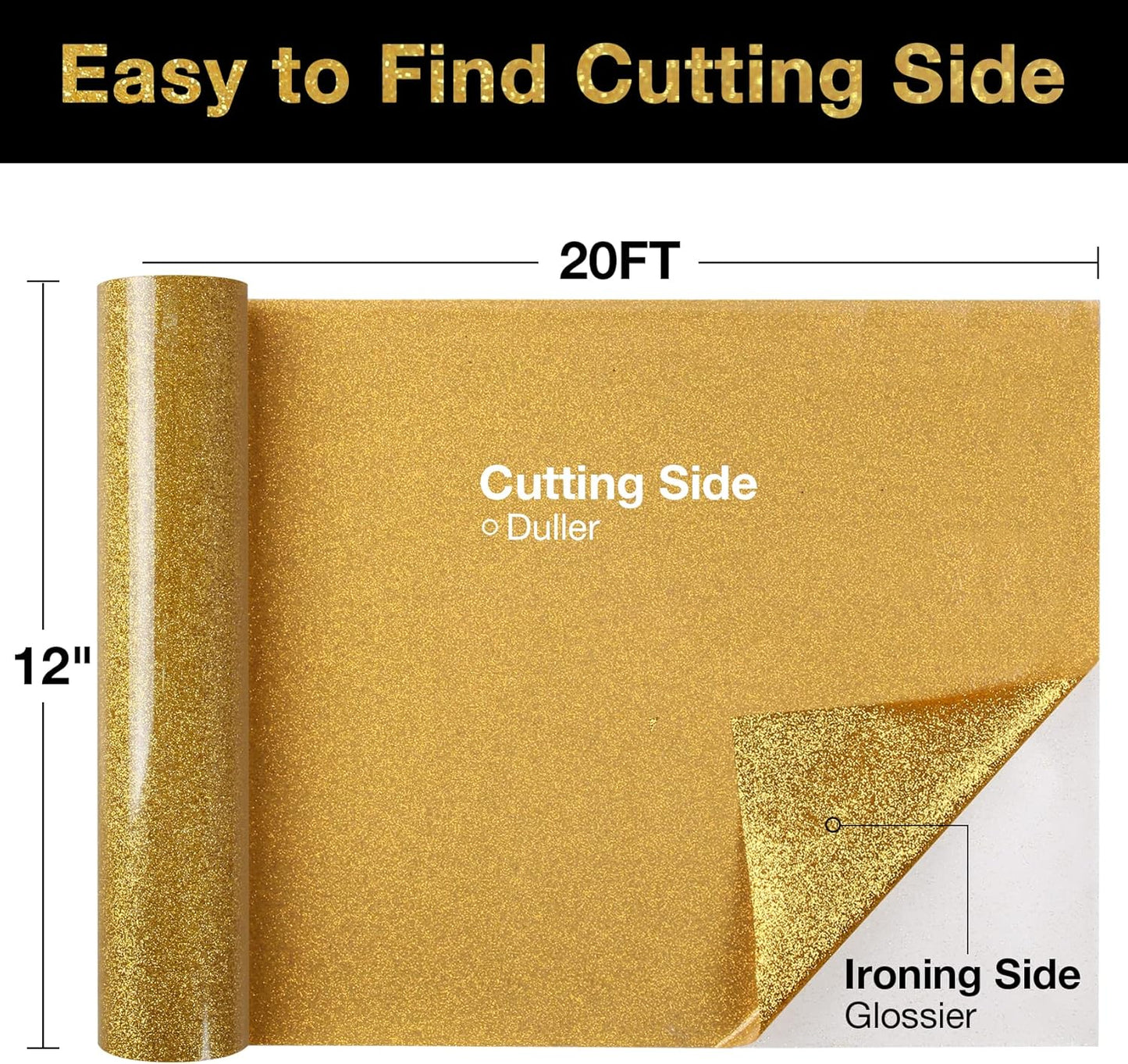 TORC Gold Glitter HTV Heat Transfer Vinyl Roll 12 inch x 20 ft Sparkly Iron on Vinyl for T Shirts Crafts Bulk