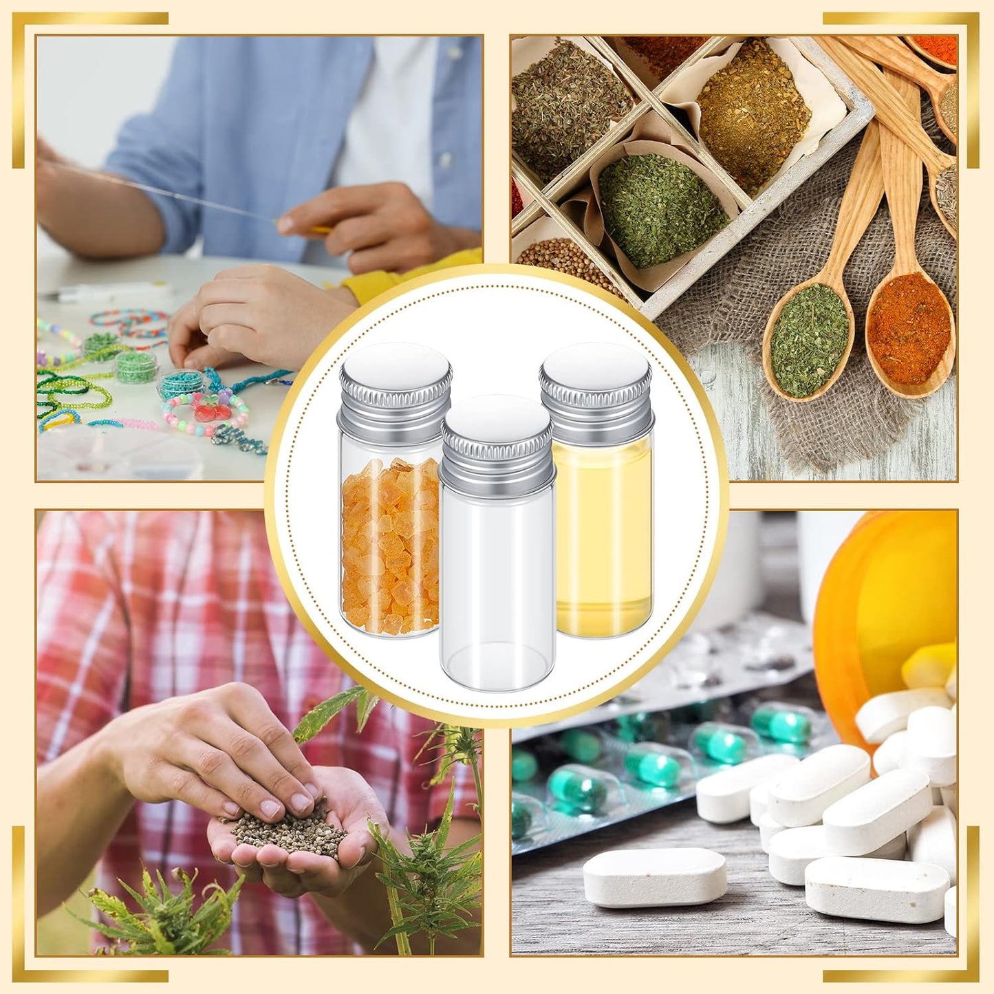 100 Pcs Small Clear Vials Spice Mini Jars with Lids Mini Glass Bottles with Screw Aluminum Metal Caps Tiny Jars Sample Containers for Powder Cream Cosmetic Jewelry Wedding (10 ml,Silver Caps)