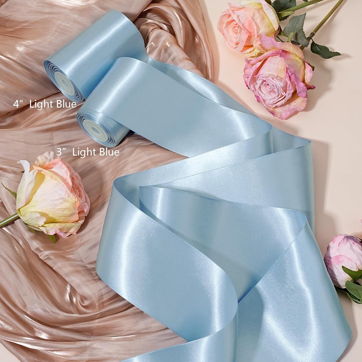 LaRibbons Light Blue Satin Ribbon 4 Inch 10 Yards Double Faced Luxury Baby Blue Silk Ribbon for Gift Wrapping Flower Bouquets Bow Christmas Wedding Party Decoration