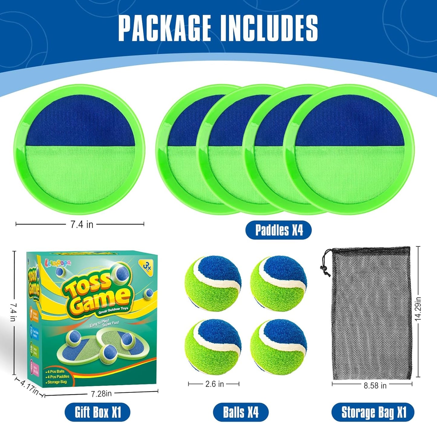 Toss and Catch Ball Set, Pool Beach Outdoor Toys Games for Kids Ages 4-8-12, 4 Paddles 4 Balls and Storage Bag, Summer Yard Outdoor Game for Adult Family, Birthday Easter Gift for Kids