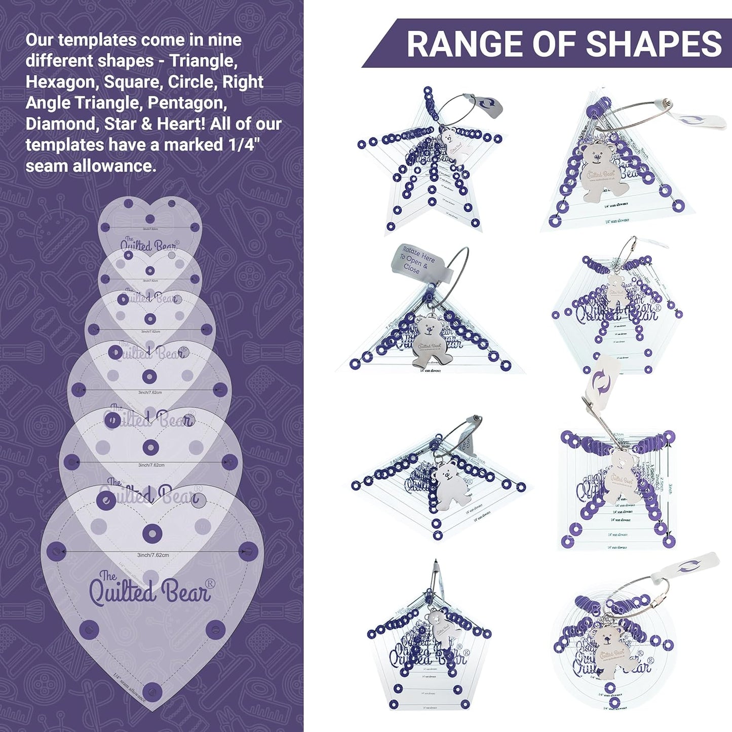 The Quilted Bear Flower Quilting Templates – 8 Clear Non-Slip Acrylic Quilt Templates for Precise Fabric Cutting & Stress-Free Machine Quilting - Ideal for Quilt & Sewing Supplies (¾–3")