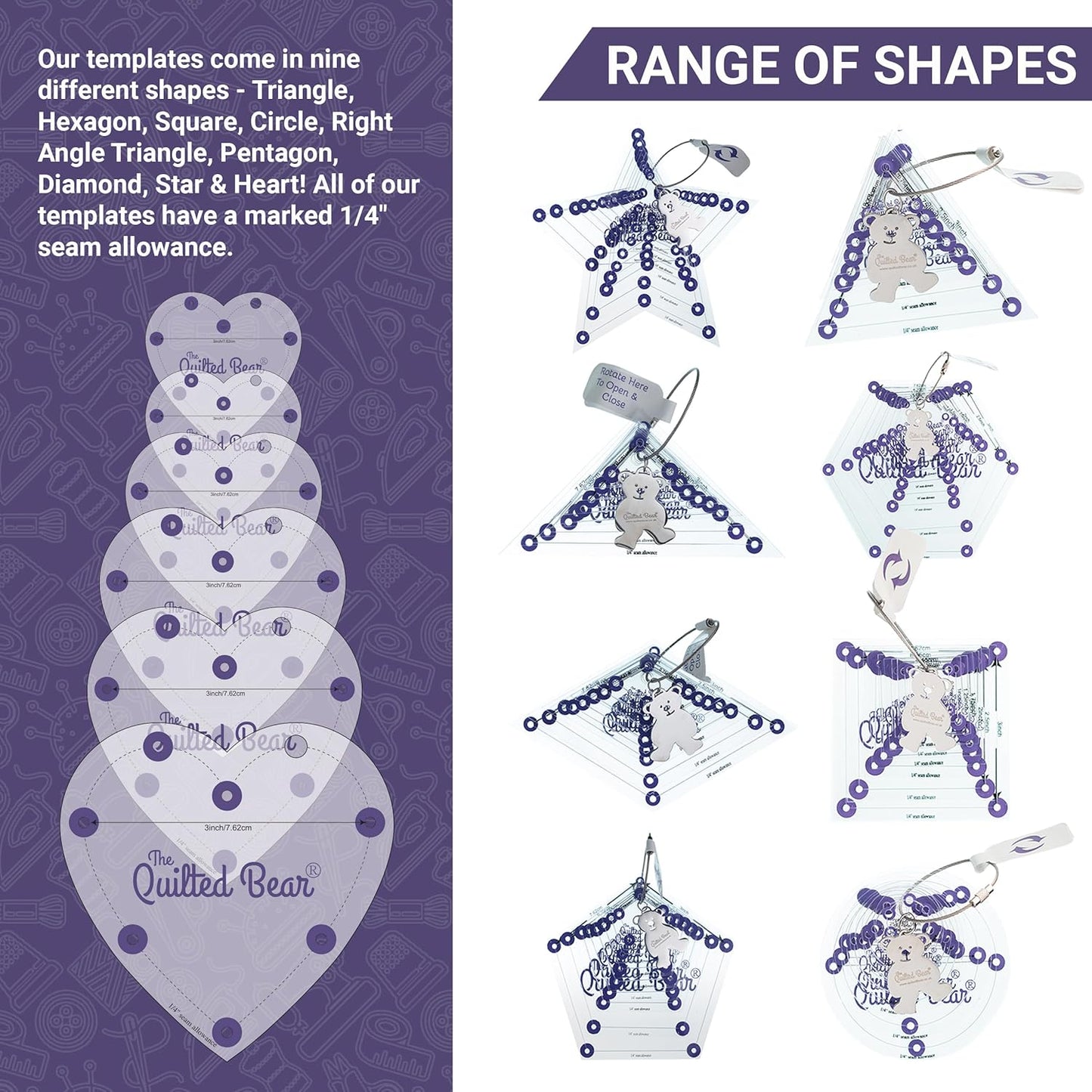 The Quilted Bear Hexagon Quilting Templates – 8 Clear Non-Slip Acrylic Quilt Templates for Precise Fabric Cutting & Stress-Free Machine Quilting - Ideal for Quilt & Sewing Supplies (¾–3")