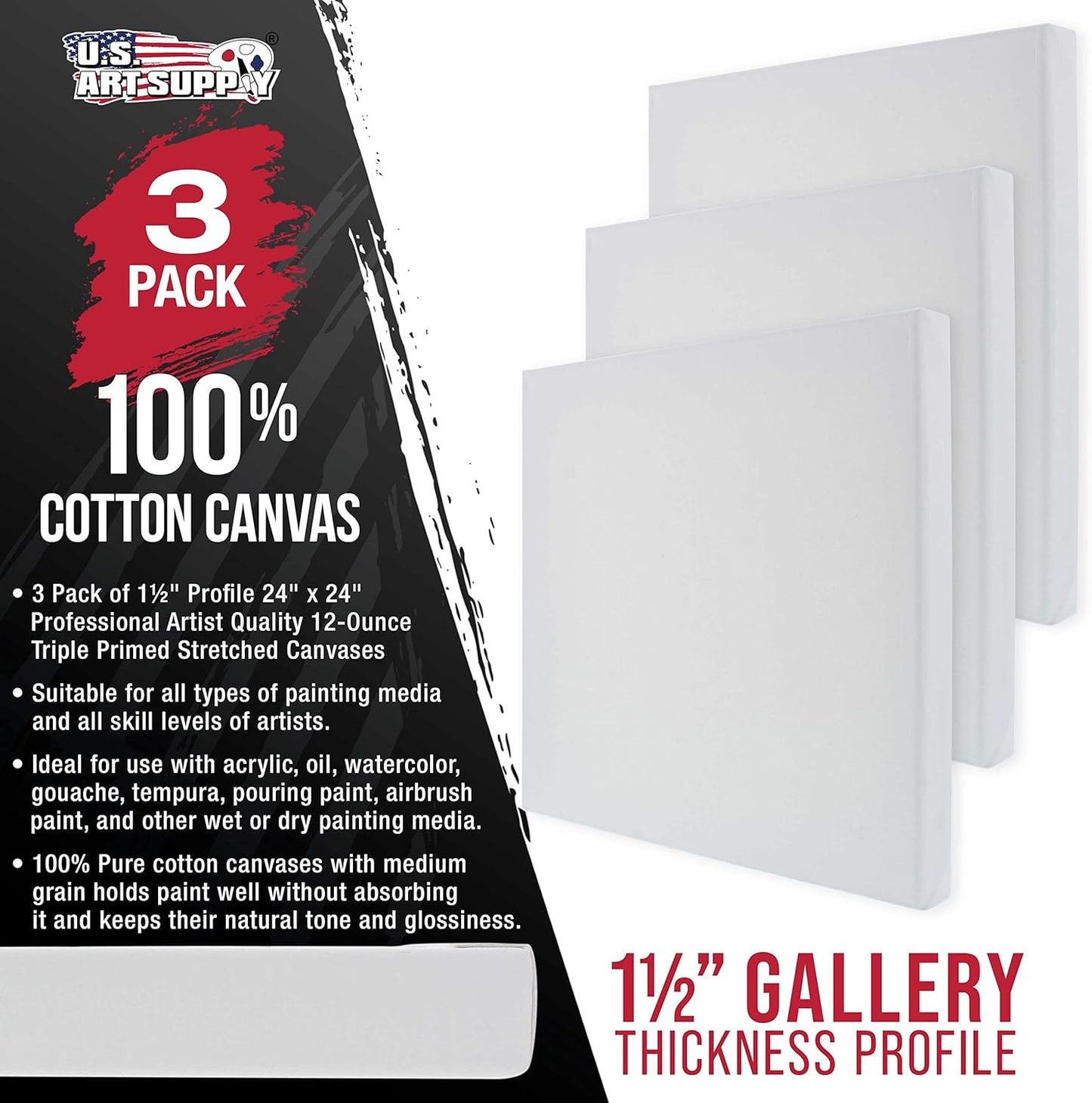 U.S. Art Supply Large Stretched Canvas for Painting 24x24 inch Gallery Depth 1-1/2" Thick, 3-Pack - 12oz Acrylic Gesso Triple Primed, Professional Artist Quality, 100% Cotton - Oil, Pouring Paint