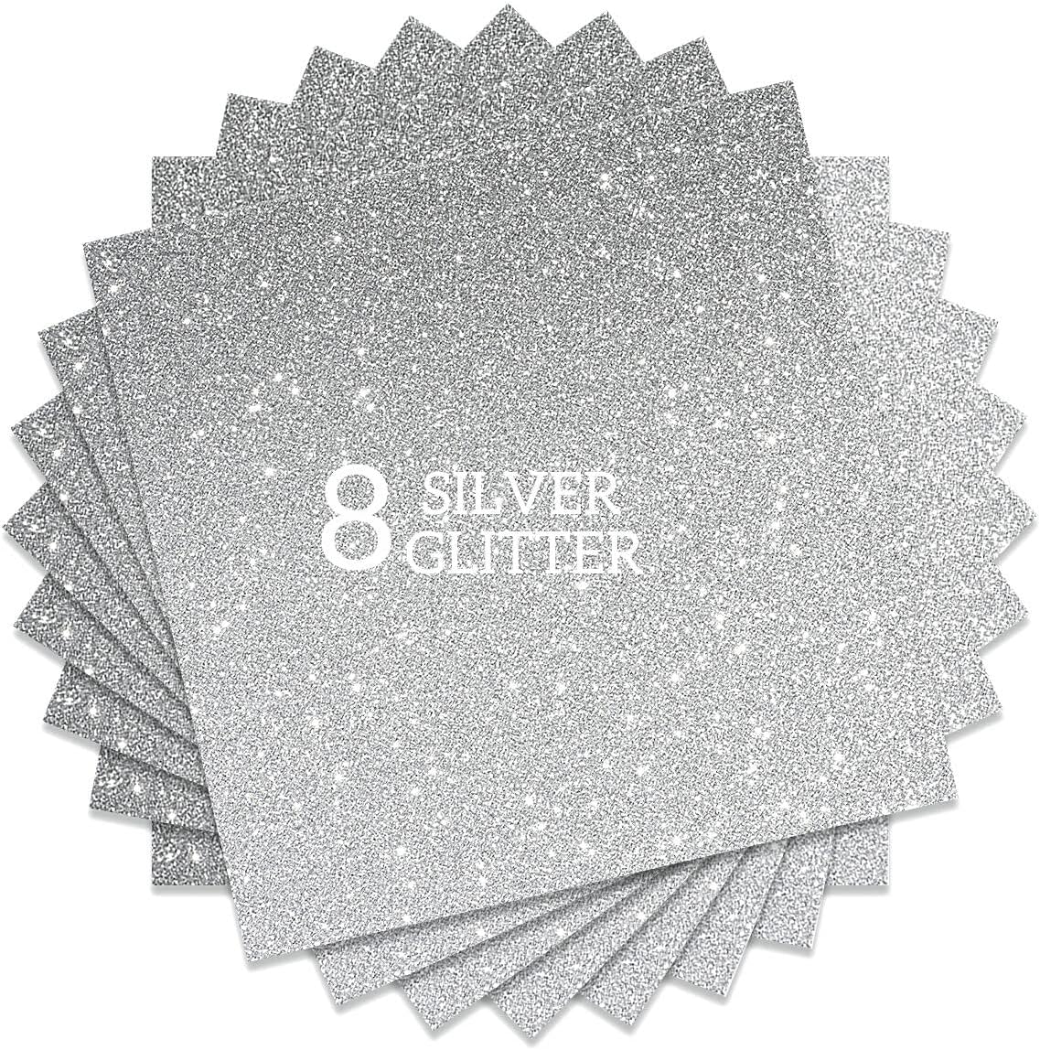 Silver Glitter HTV Heat Transfer Vinyl Bundle 8 sheets-12 x12 Iron on Vinyl for T Shirts Hats Clothing Compatible with Cricut Cameo Heat Press Machine