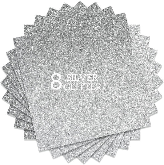 Silver Glitter HTV Heat Transfer Vinyl Bundle 8 sheets-12 x12 Iron on Vinyl for T Shirts Hats Clothing Compatible with Cricut Cameo Heat Press Machine