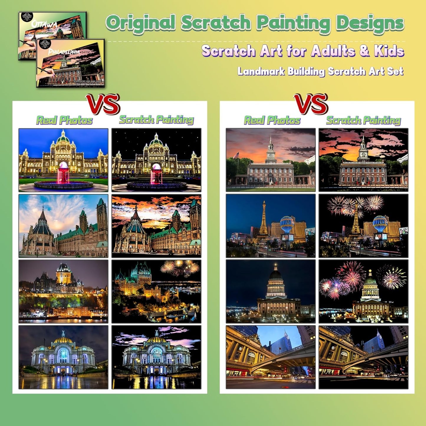 Scratch Art Painting Kit for Adults-8 Sheets A4 Rainbow Scratch Painting Paper Craft Set with City Landmarks|Stress Relief Gift for Travel&Craft Lovers|Scratch Art Home Decor(American Series)