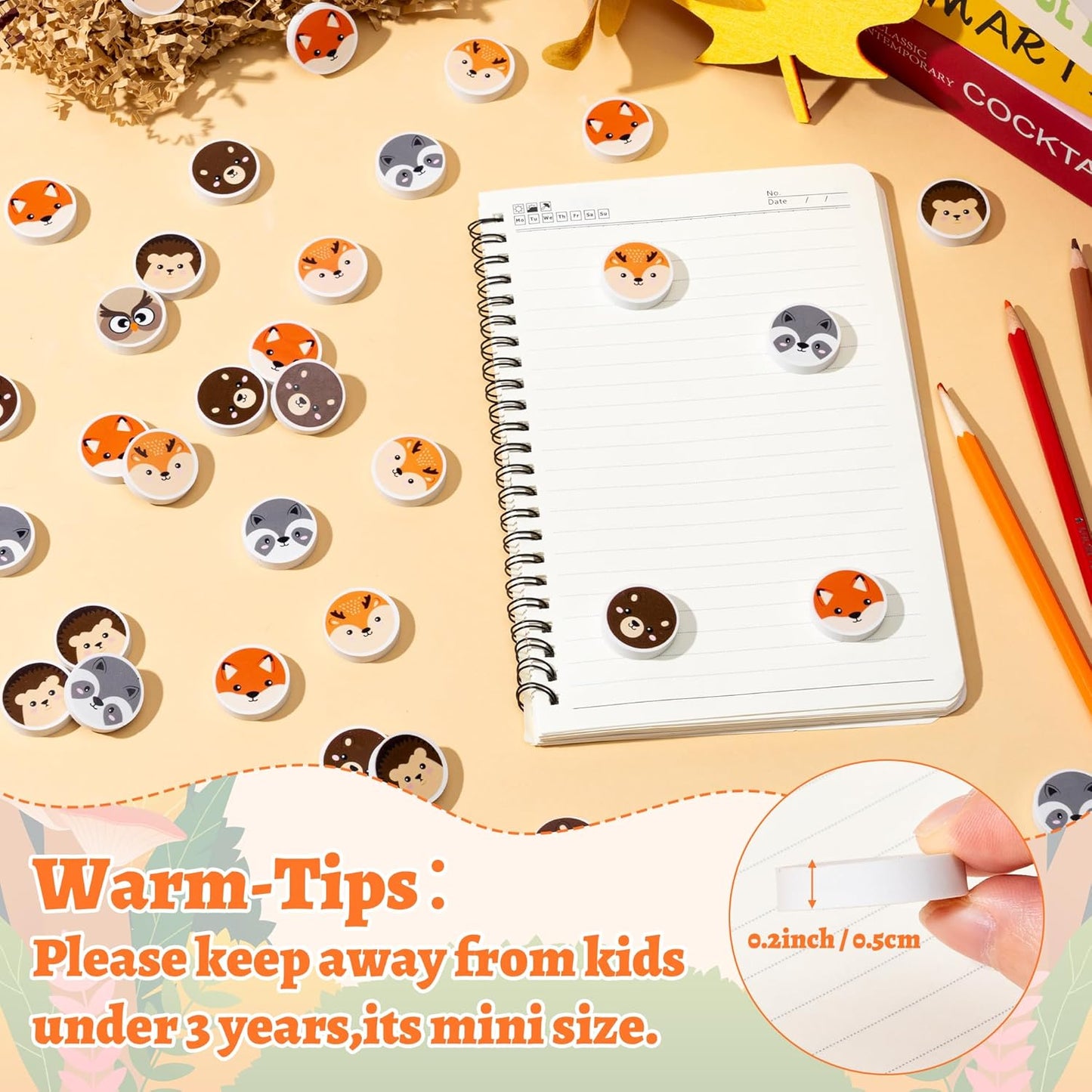 Woodland Animals Mini Eraser for Kids - 60Pcs Cute Animal Hedgehog Bear Assortment Novelty Pencil Erasers Bulk Cute Cartoon Stationery for Classroom Reward Fall Party Goodies Fillers Supplies