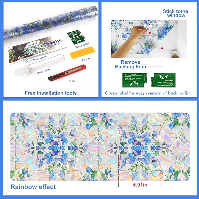 Window Privacy Film Home Room Bathroom Spring Decor Car Decorations One Way Privacy Window Clings Decals Tint Door Cover Rainbow Renter Friendly Stickers Static Cling Stained Glass Windows