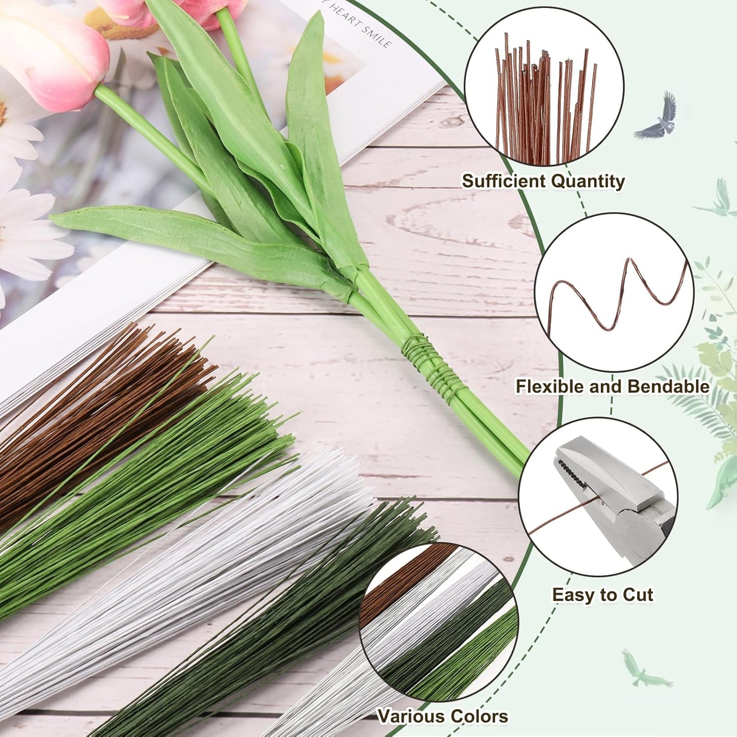 PATIKIL 32 Inch 22 Gauge Floral Stem Wire, 5 Pack/200 Pieces Bouquet Stem Paper Wrapped for DIY Crafts Flower Arrangements, Coffee