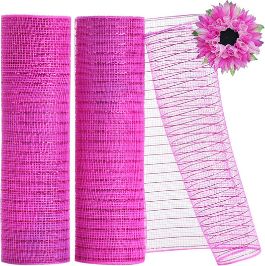 TONIFUL 2 Rolls 10 Inch Hotpink Decorative Mesh Ribbbon Rolls, Fabric Mesh with Foil for Wreath Supplies, Front Door Wreath Crafts Tree Decor Christmas NewYears Halloween Decoration (10 yds/roll)