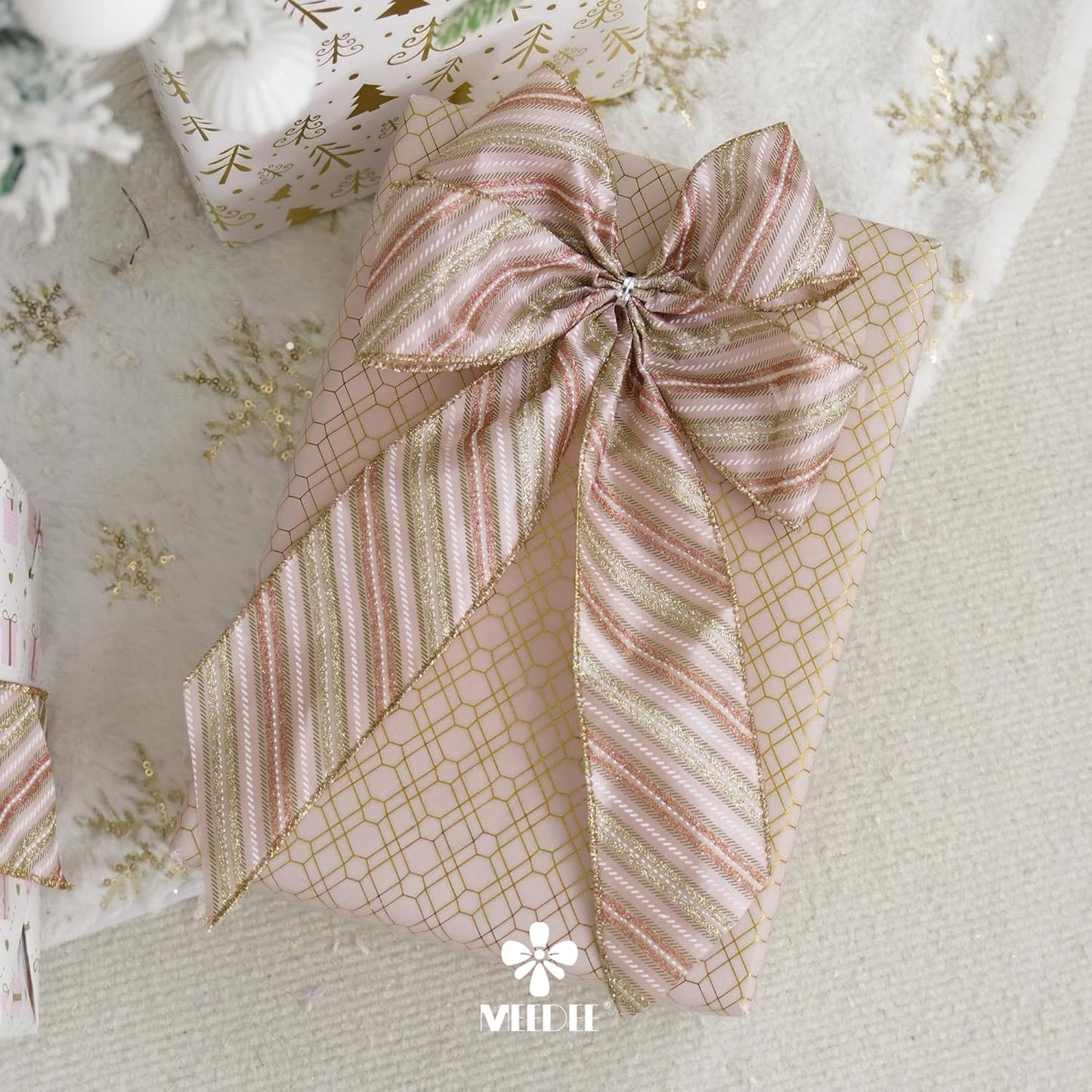 MEEDEE Pink Diagonal Striped Ribbon 2.5 Inch Blue Satin with Rose Gold and Champagne Glitter Wired Ribbon for Christmas Tree, Garlands, Wreaths, Topper Bow (10 Yards)