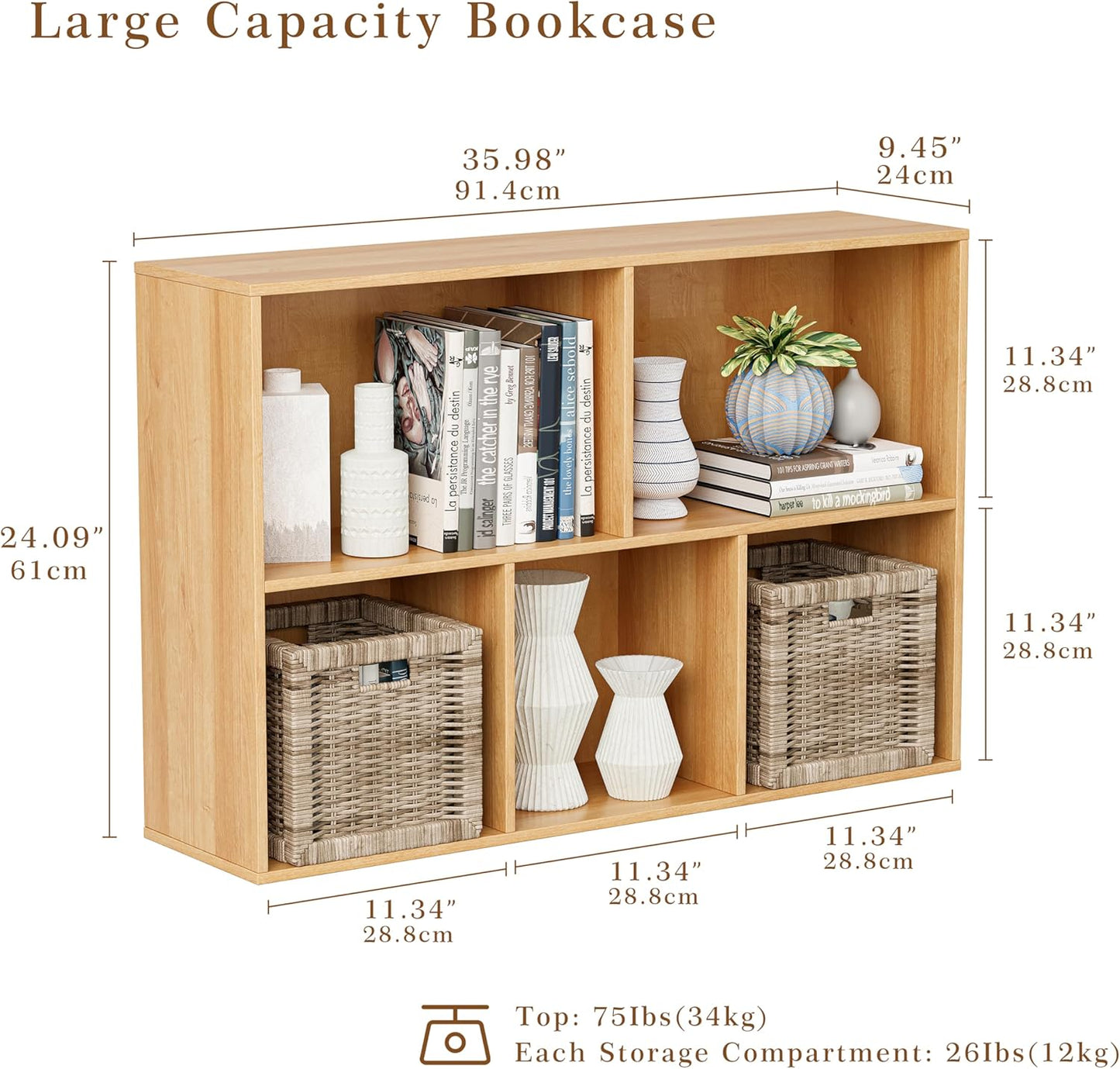 Wooden Cube Storage Organizer with Closed Back Panel, 11in Cube Shelf Opening, Bookshelf, Display Shelf,Closet Cabinet for Home and Office (Natural Oak, 5-Cube 35.98L*9.45W*24.09H)
