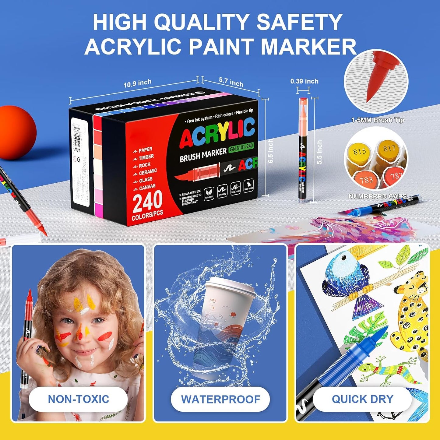 DICEKOO 240 Colors Acrylic Paint Markers, Soft Brush Tip Pens with Automatic Ink Control System, Waterproof, Quick-Drying, Lightfast, for Rock Painting, Canvas, Wood, Egg & DIY Crafts Art Supplies