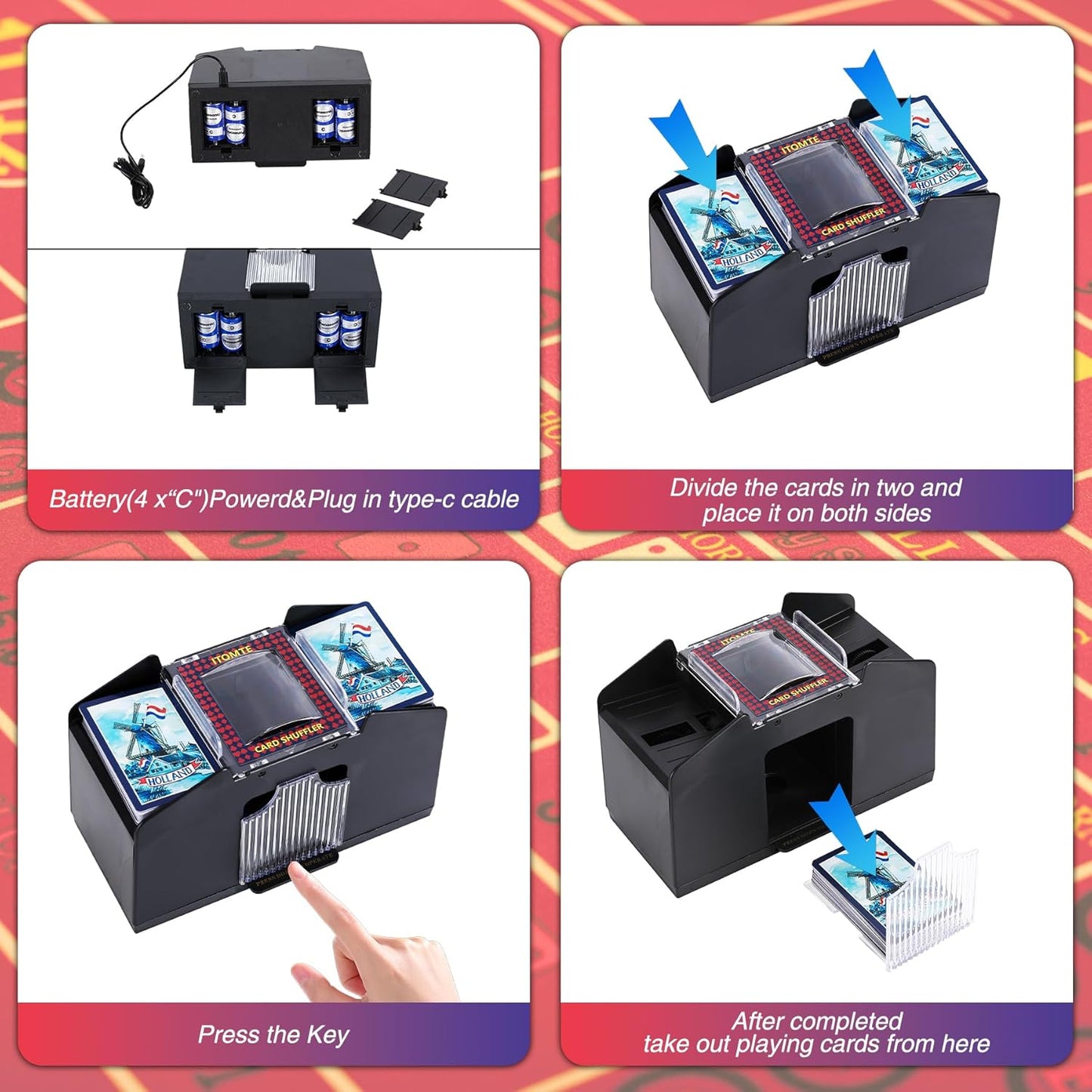 ITOME Automatic Card Shuffler, 2/4/6 Decks Electric Heavy Duty Card Shuffler for Cards Rechargeable and Battery Operated Perfect for Poker, UNO and Card Games